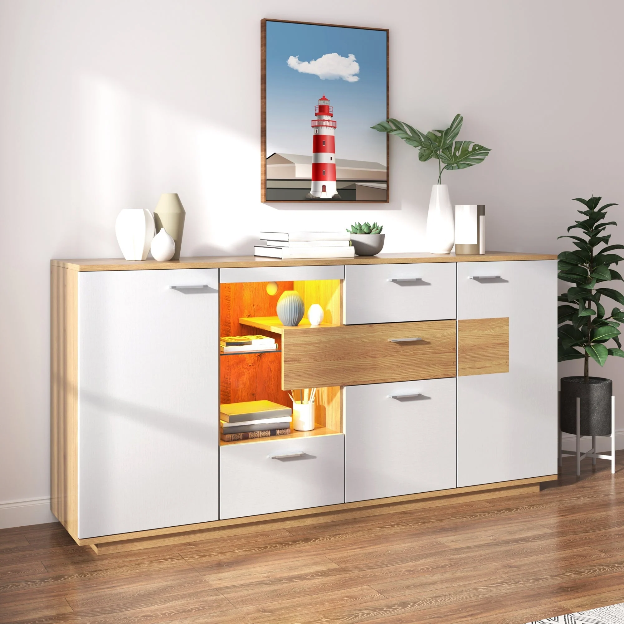 Sideboard Cabinet, 160x40x77cm, LED Lighting, 2 Doors, 4 Drawers, Glass Shelf, White Wood Look - Image 10