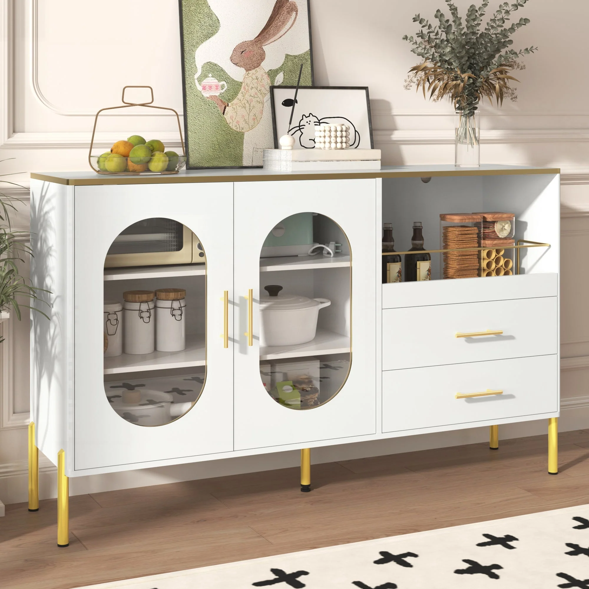 Sideboard Cabinet, 2 Drawers 2 Glass Doors Modern, White Gold Accents - Image 9