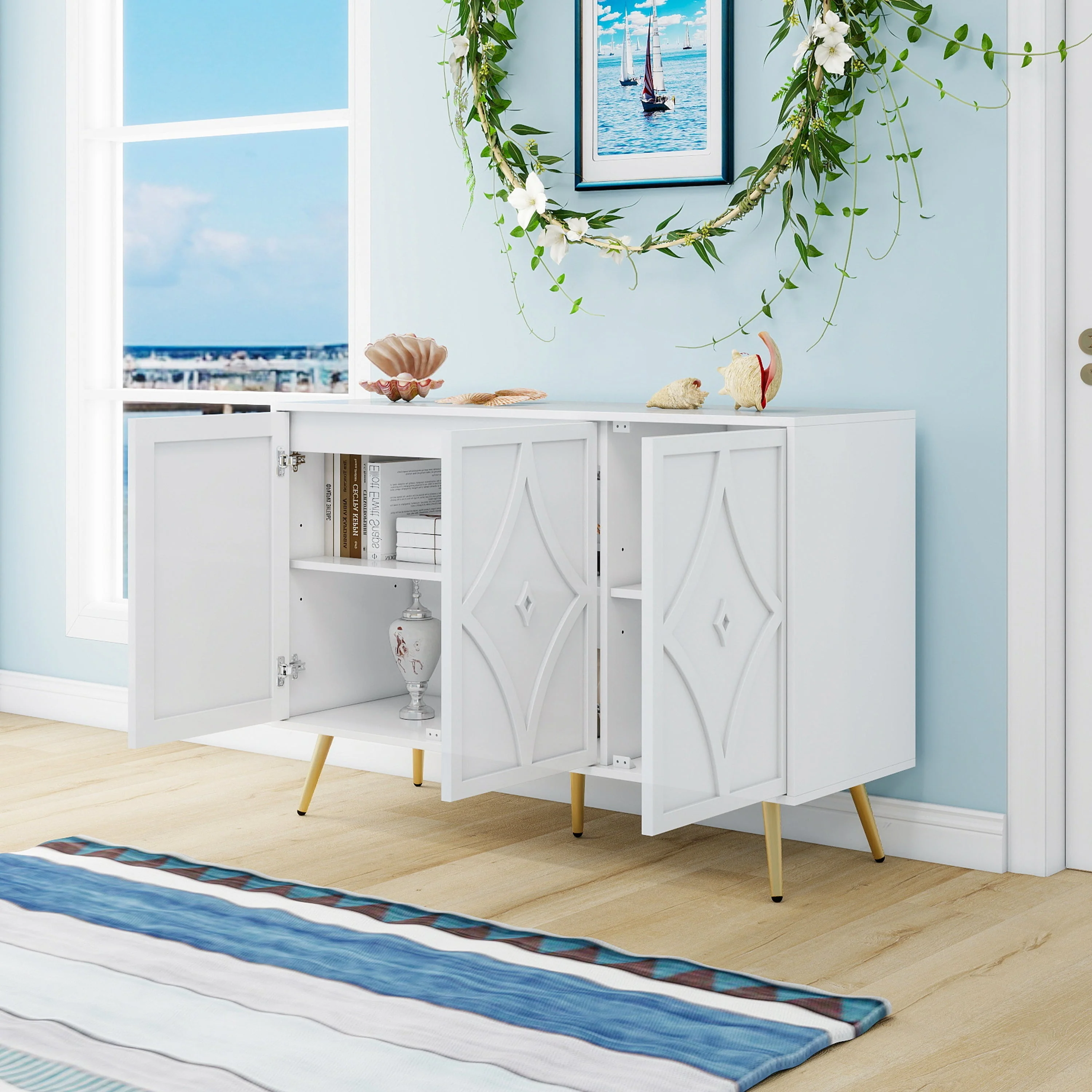 Sideboard Cabinet, 3-Door, 3D Carving, Gold Metal Legs, White - Image 5