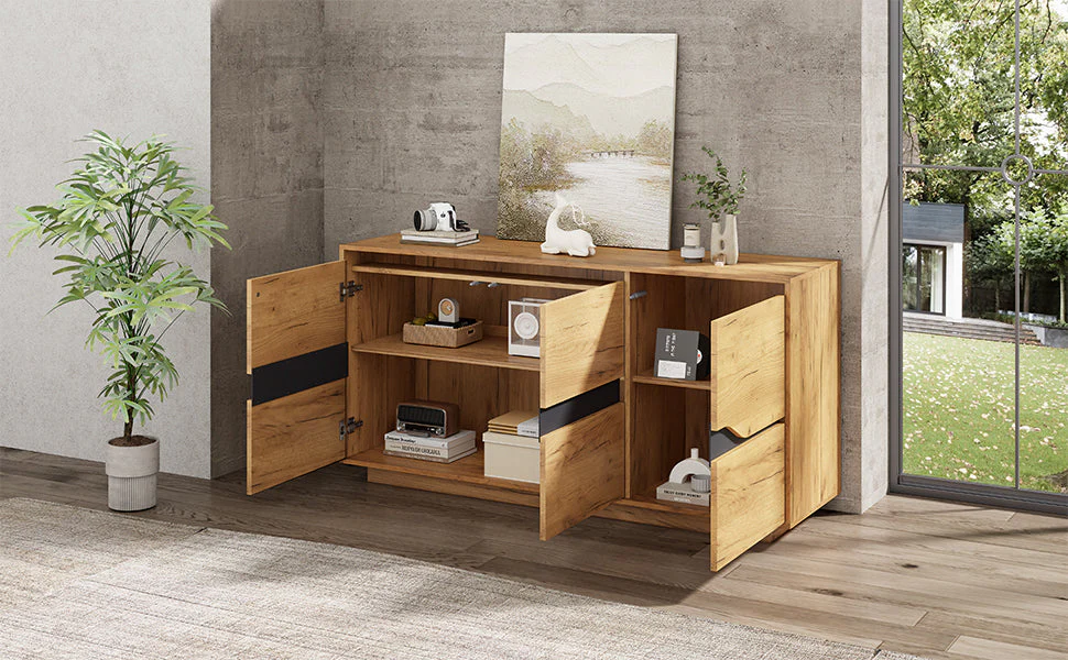 Sideboard Cabinet 3 Doors Adjustable Dividers Handleless 140x40x70cm Wood Color + Black - Image 4