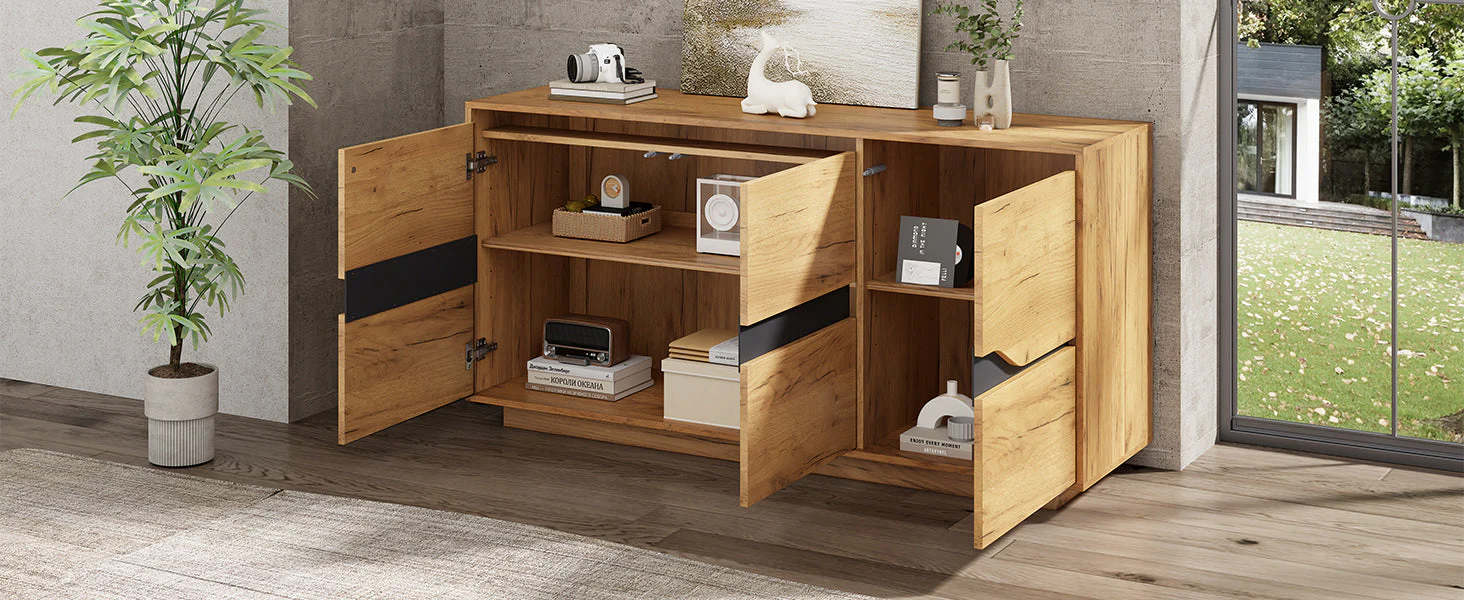 Sideboard Cabinet 3 Doors Adjustable Dividers Handleless 140x40x70cm Wood Color + Black - Image 7