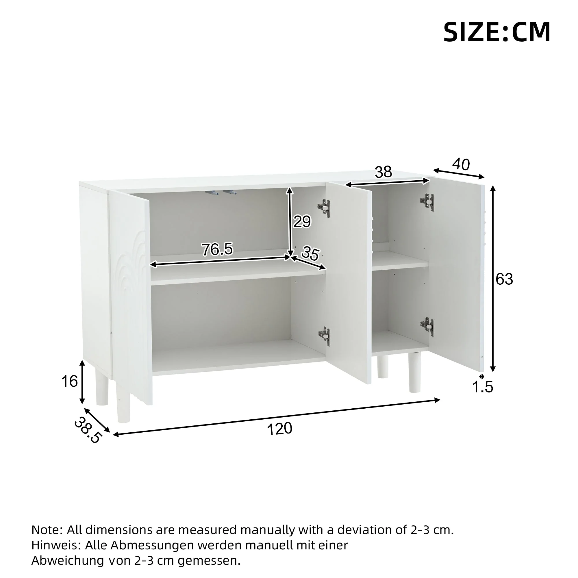 Sideboard Cabinet, 3 Doors Large Storage Adjustable Divider, White MDF - Image 7