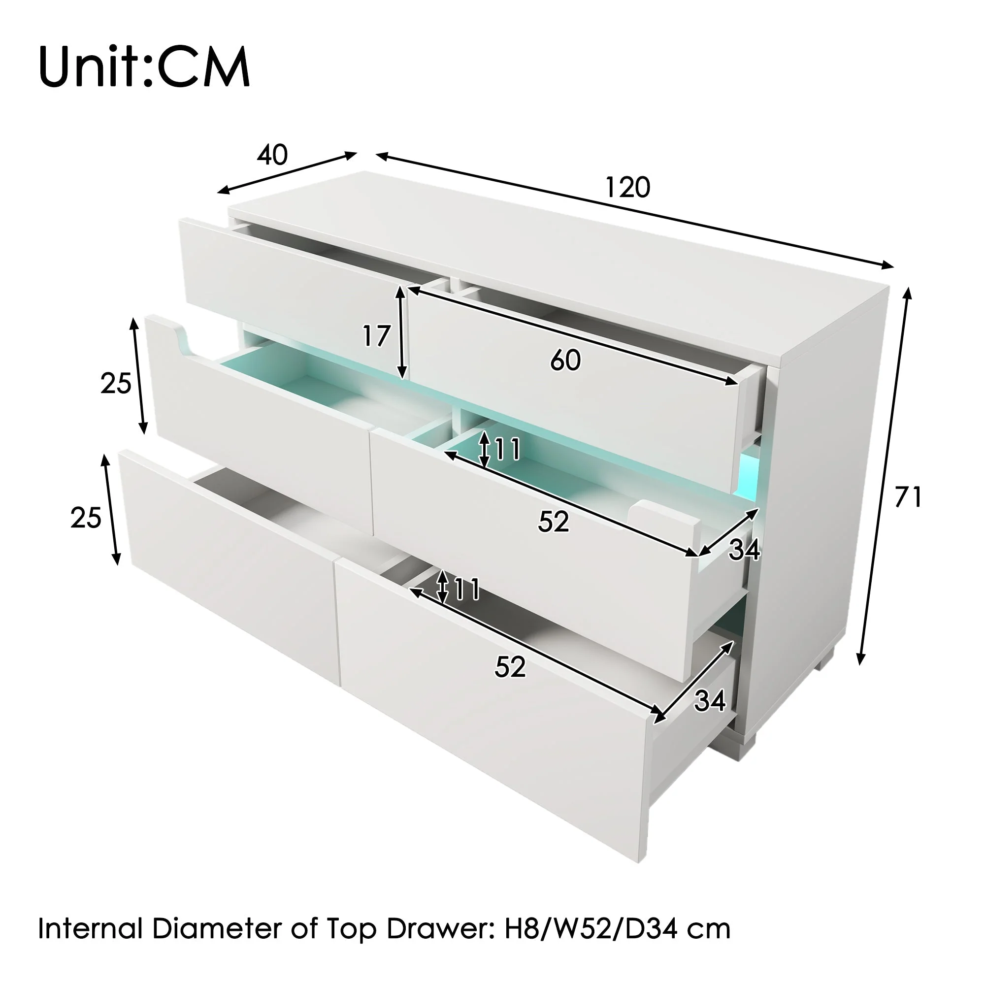 Sideboard Cabinet Dresser with 6 Drawers, RGB LED Storage, Cut-out Handles, White - Image 2