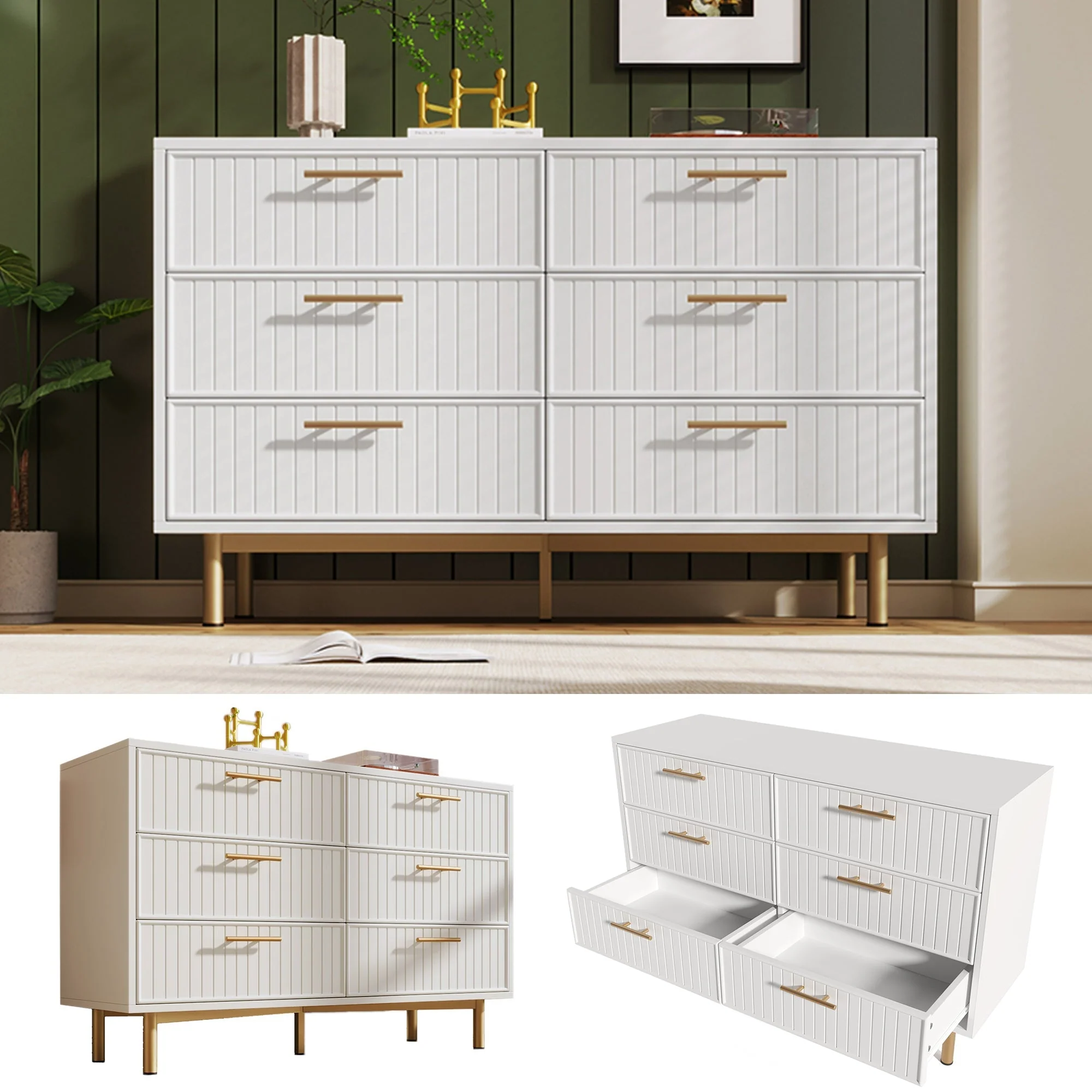 Sideboard Cabinet for Living Room, Chest of 6 Drawers, White, 40D x 120W x 75H CM