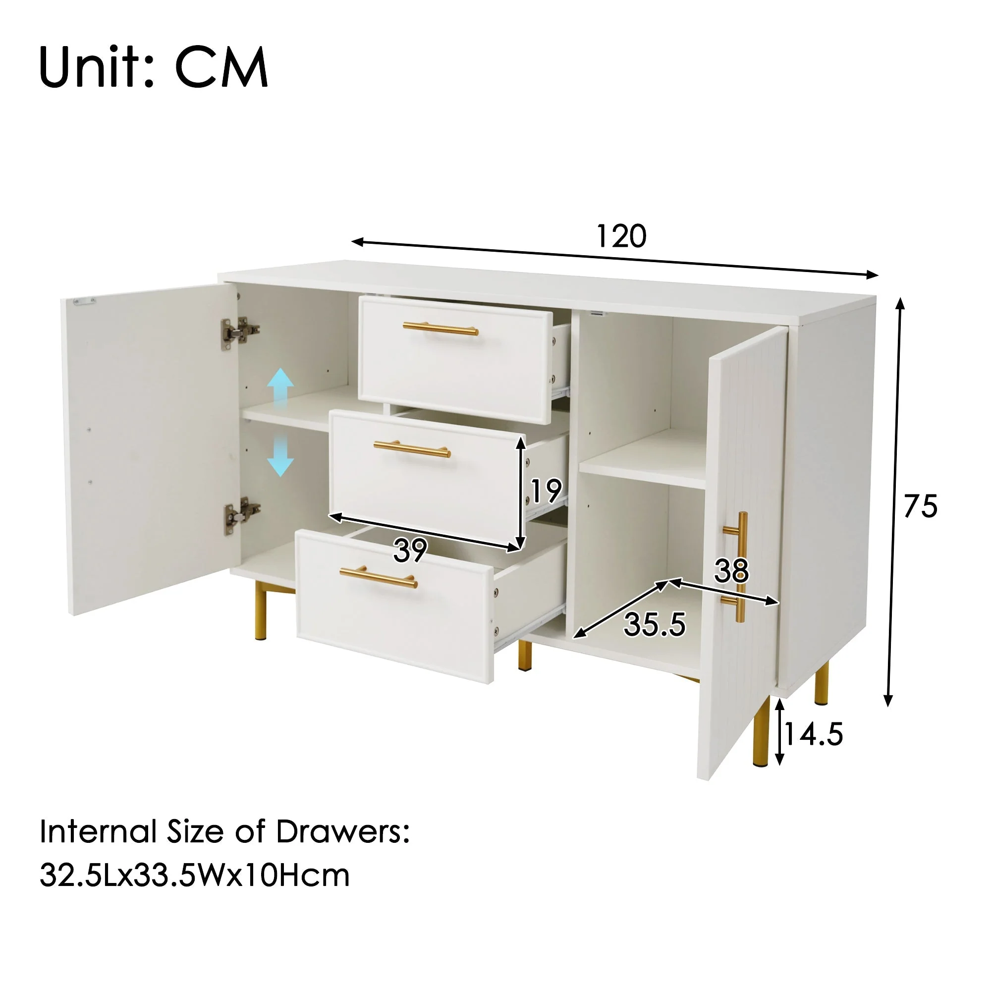Sideboard Cabinet for Living Room, Chest of Drawers with 2 Doors & 3 Drawers, Adjustable Shelf, White - Image 2