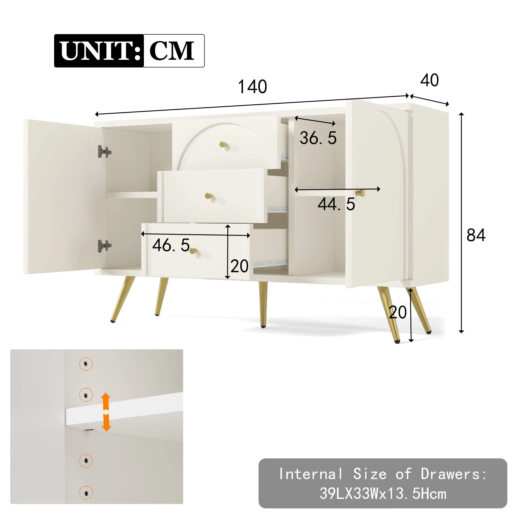 Sideboard Cabinet for Living Room with 2 Doors, 3 Drawers, and Adjustable Shelf, Cream White - Image 2