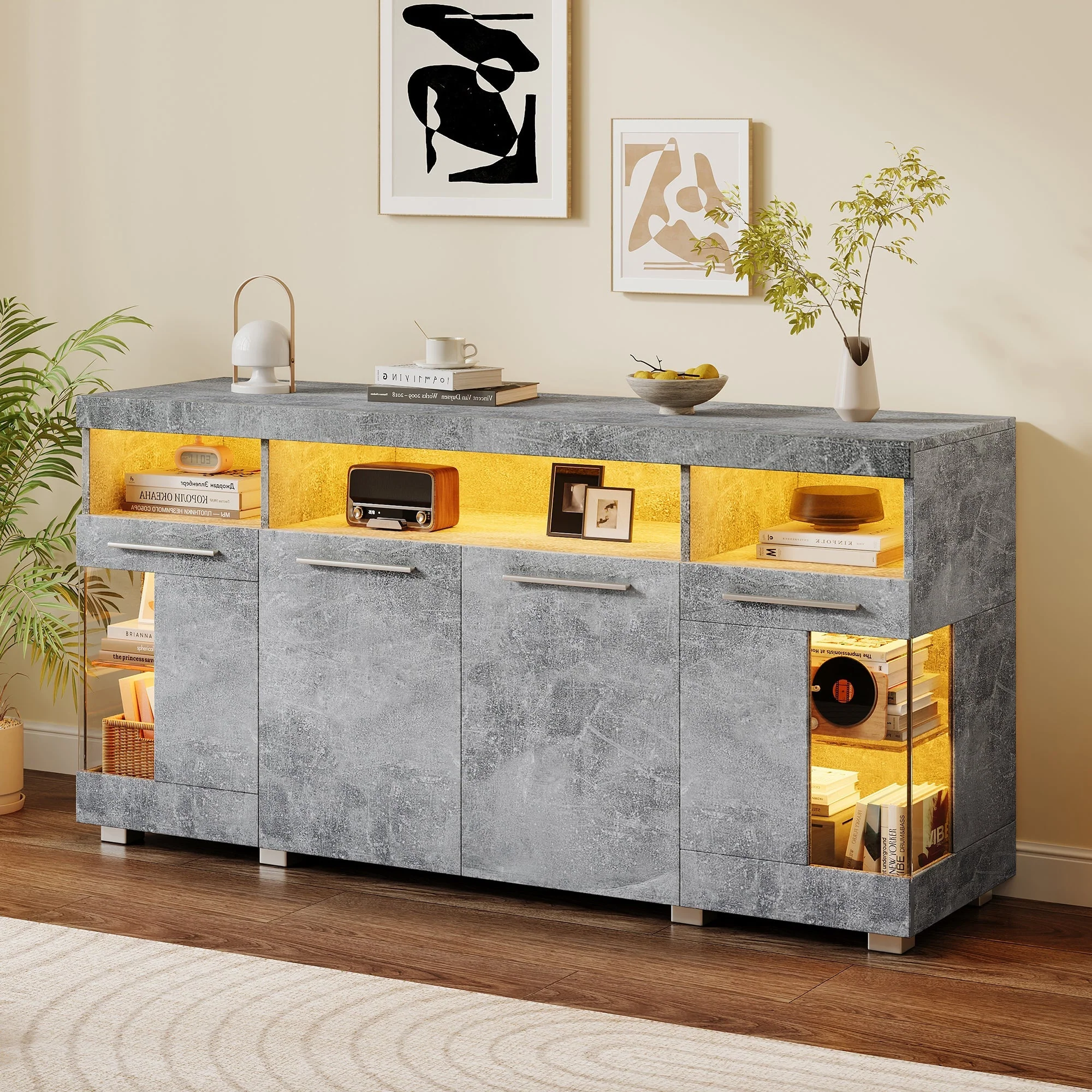 Sideboard Cabinet High-Gloss LED Light Tempered Glass 3 Compartments, Cement-colored - Image 5