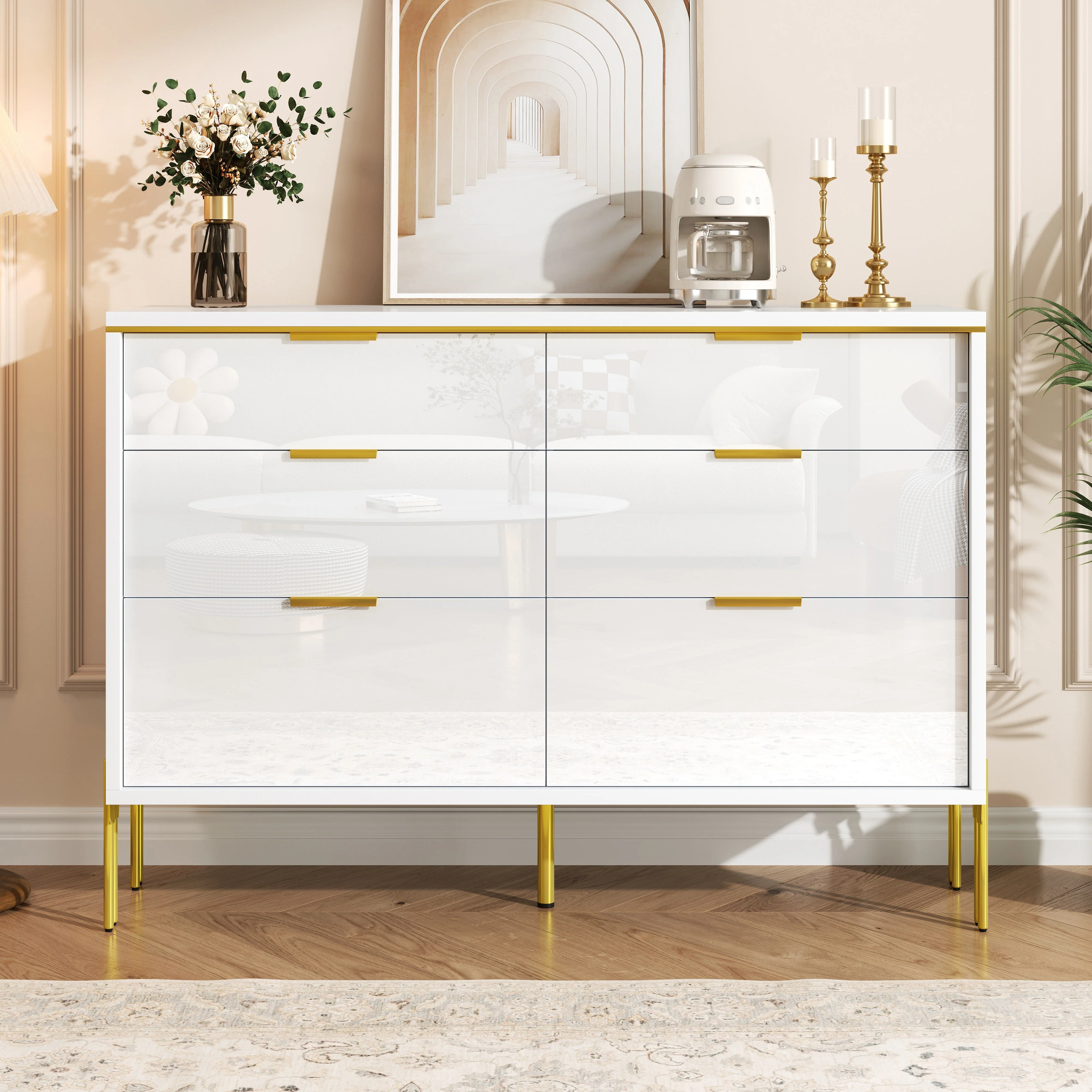 Sideboard Cabinet Modern 6 Drawers High-Gloss - White and Gold - Image 3
