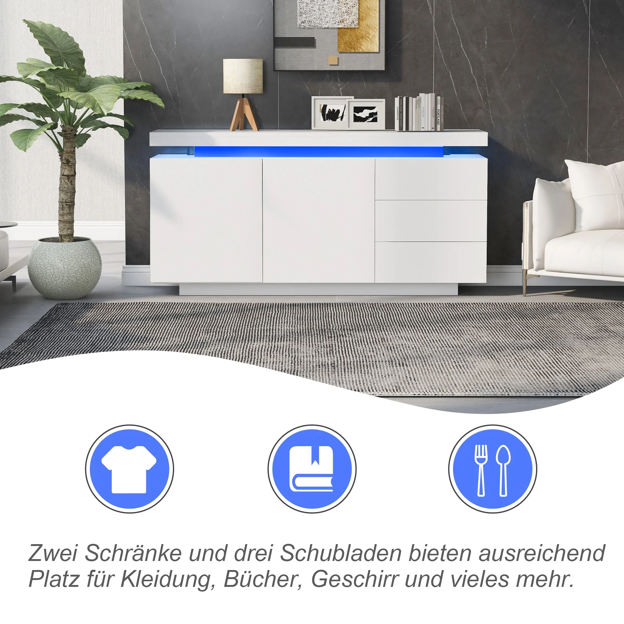 Sideboard Cabinet Modern Living Room with LED Light, 2 Doors 3 Drawers, High Gloss White - Image 10