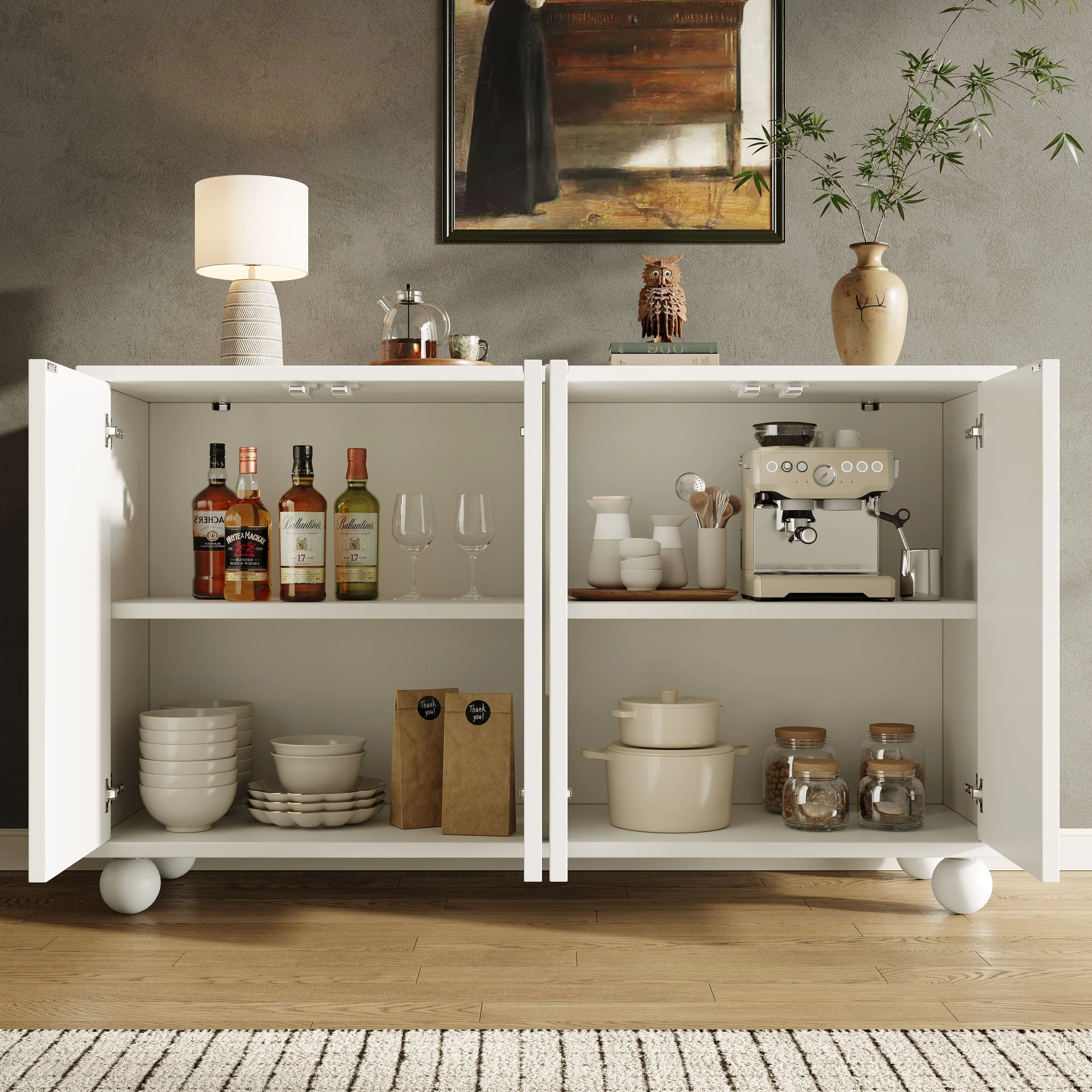 Sideboard Cabinet with Storage and Adjustable Top, White - Image 2