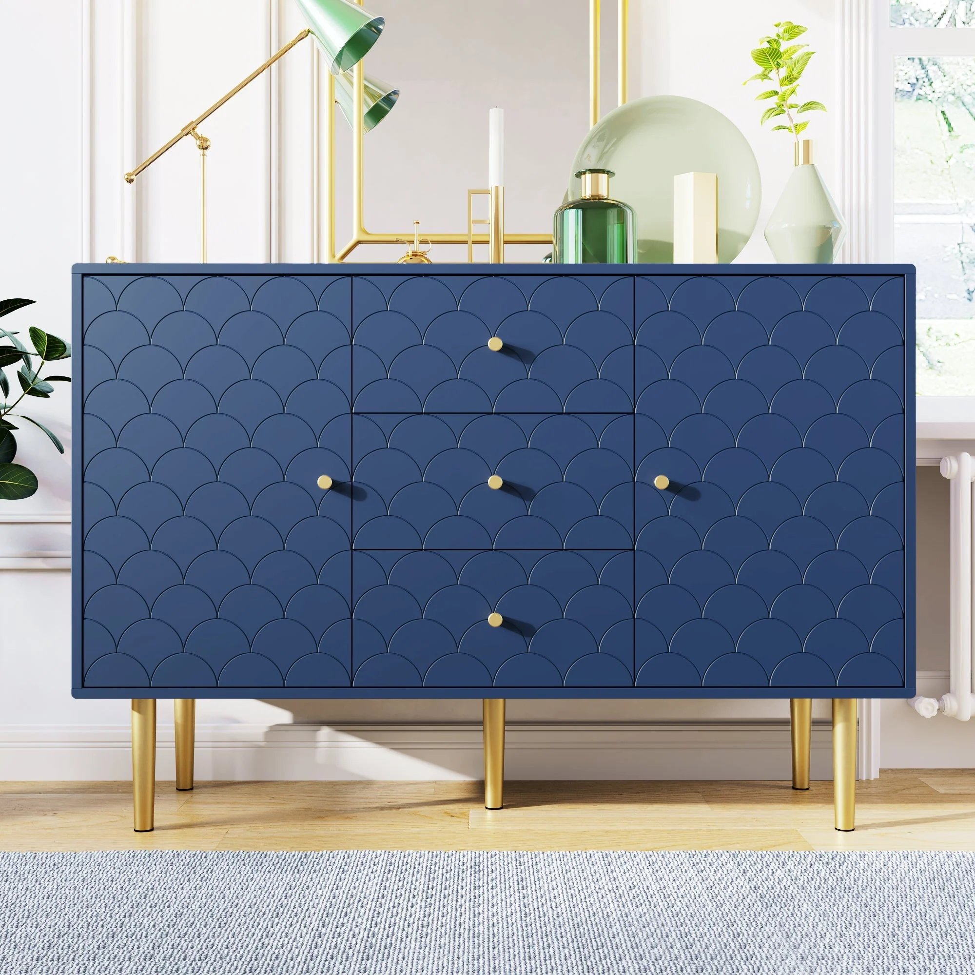 Sideboard Chest 2 Doors 3 Drawers Adjustable Shelf - Navy Blue - Image 7