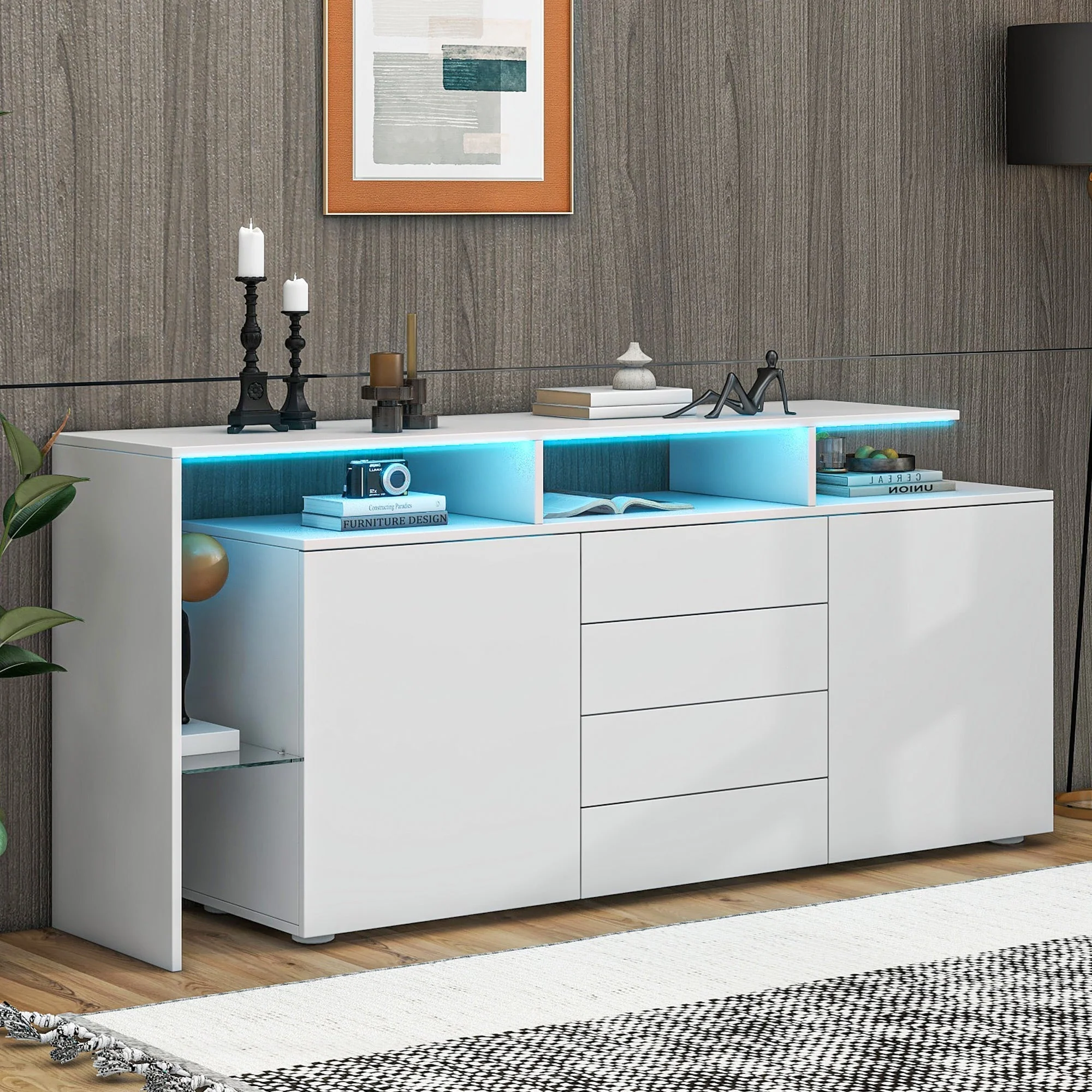 Sideboard Chest of Drawers Highboard with LED Lighting Multi-Purpose High-Gloss White - Image 10