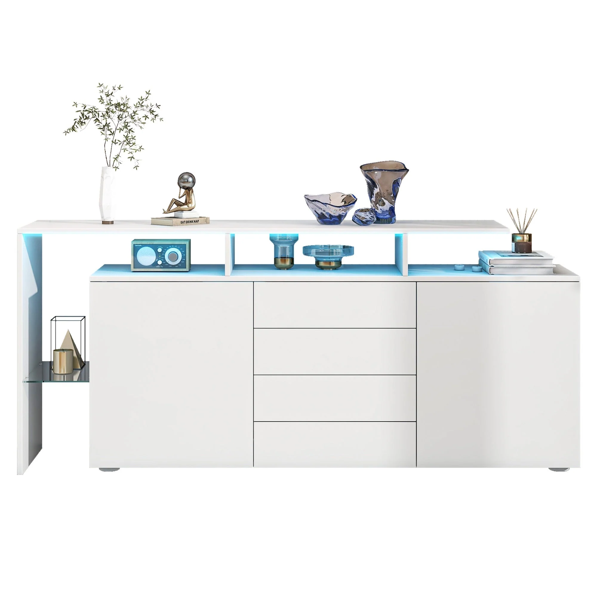 Sideboard Chest of Drawers Highboard with LED Lighting Multi-Purpose High-Gloss White - Image 3
