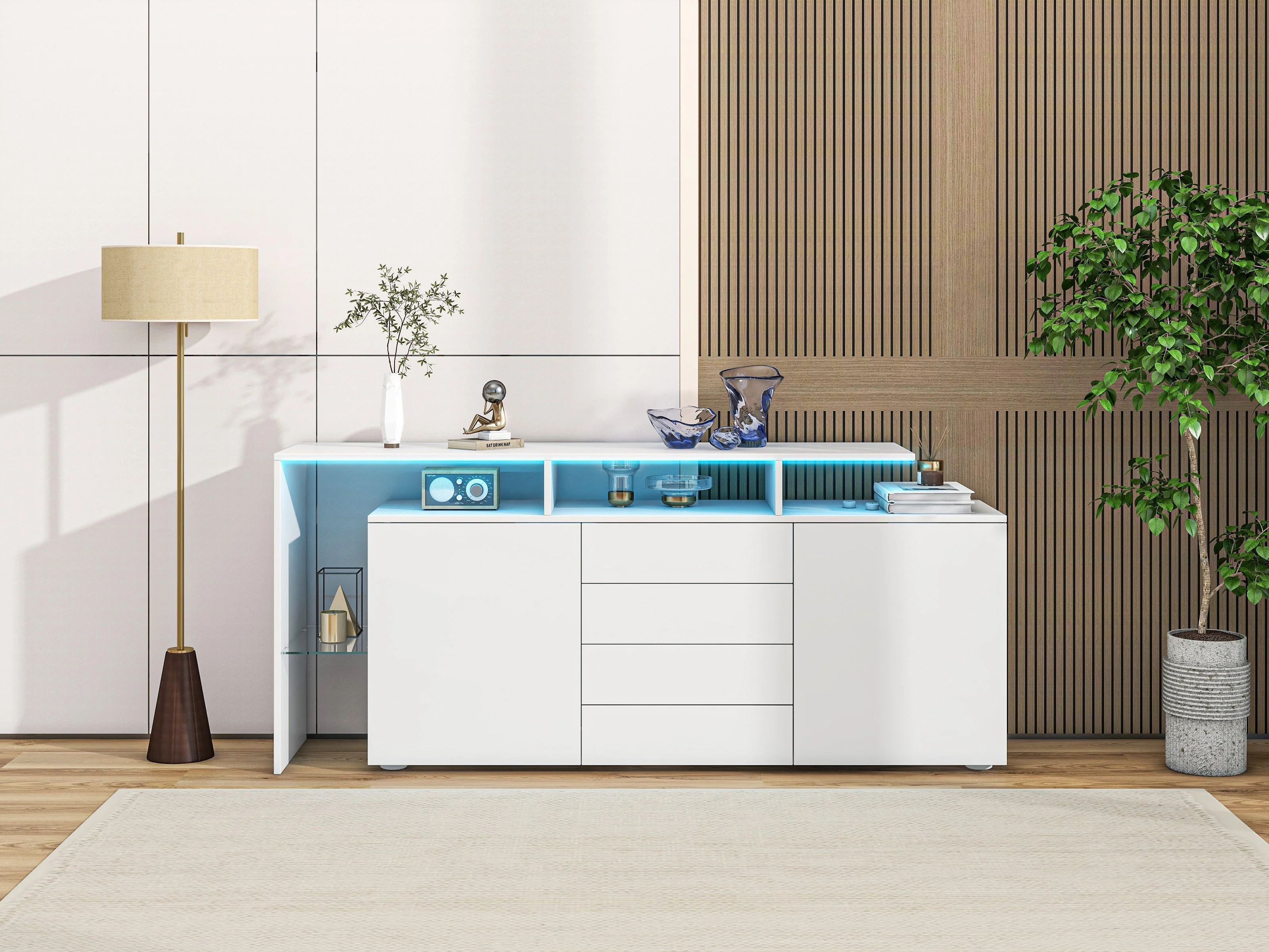 Sideboard Chest of Drawers Highboard with LED Lighting Multi-Purpose High-Gloss White - Image 9