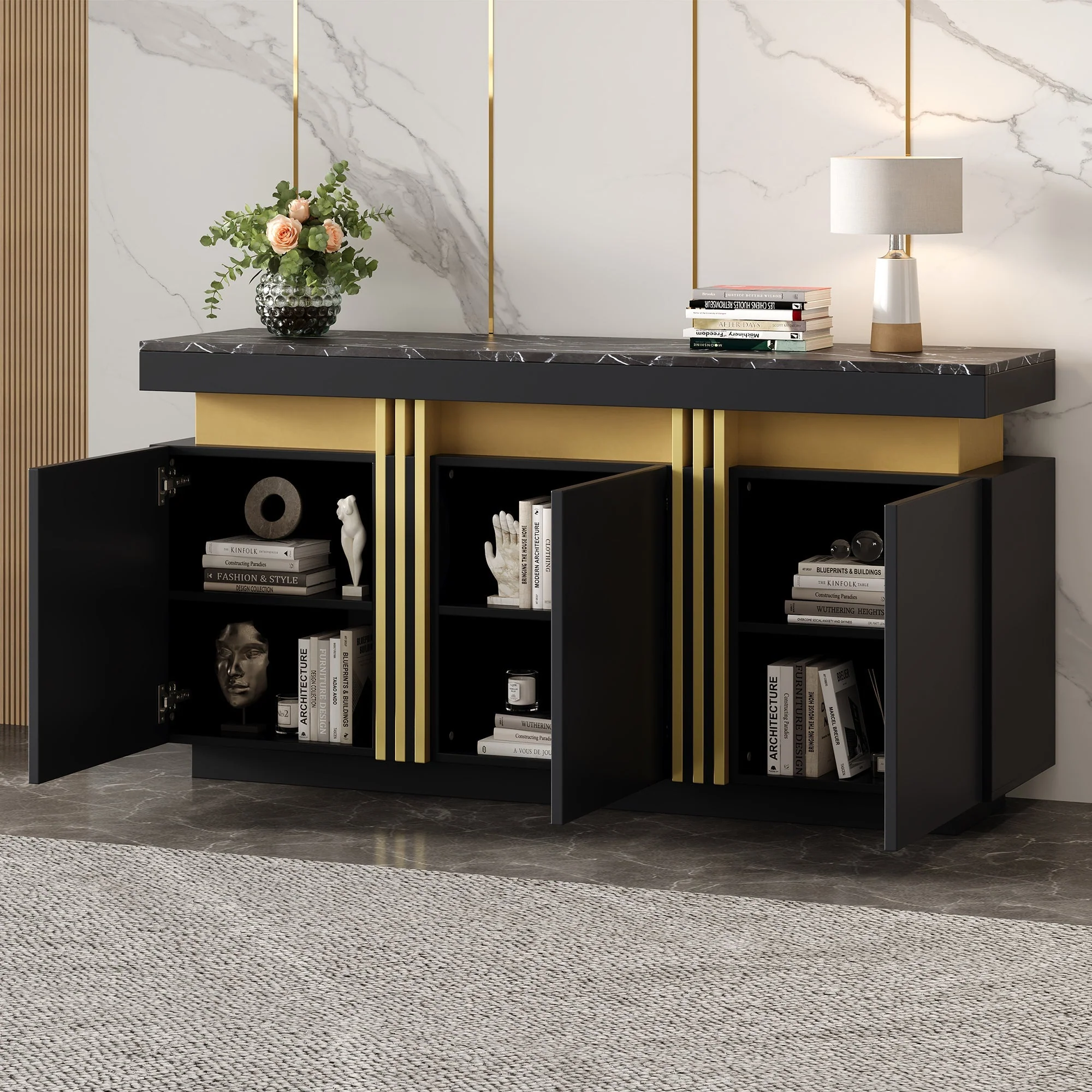 Sideboard, Display Cabinet with 3 Doors, Adjustable Dividers, Black and Gold - Image 2
