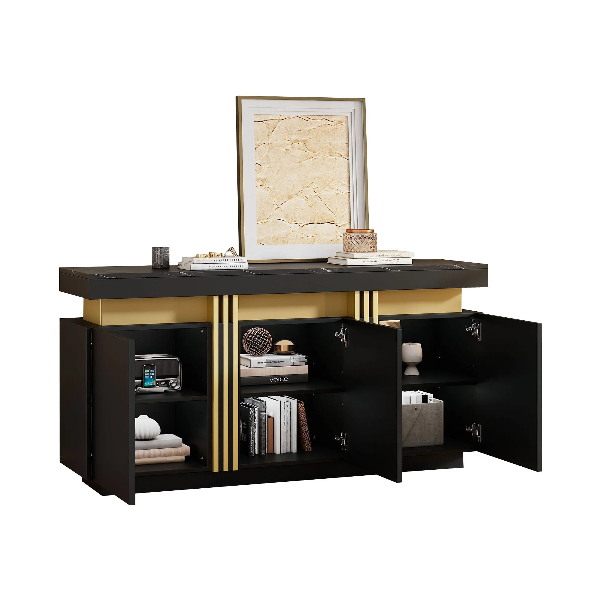 Sideboard, Display Cabinet with 3 Doors, Adjustable Dividers, Black and Gold - Image 6