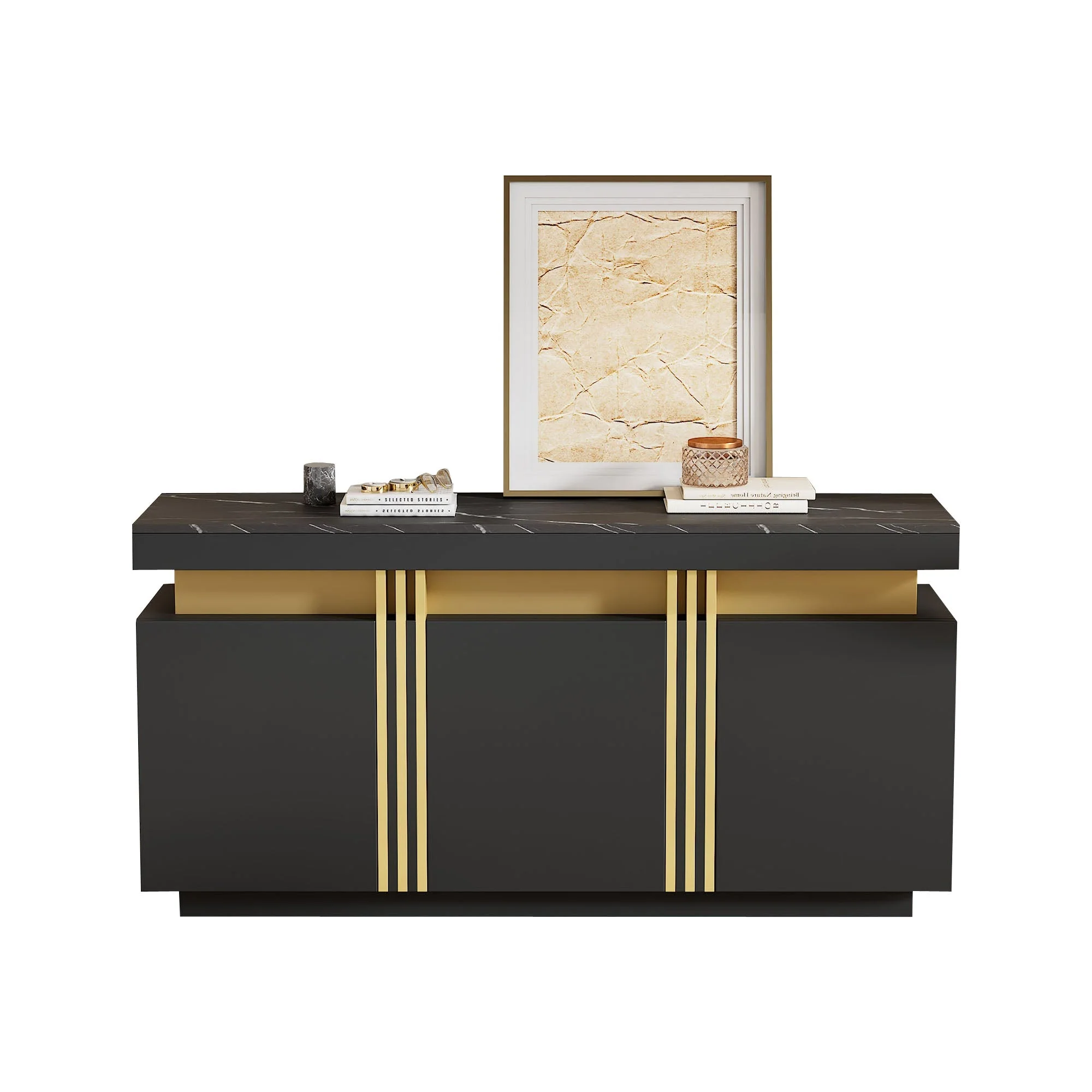 Sideboard, Display Cabinet with 3 Doors, Adjustable Dividers, Black and Gold - Image 8