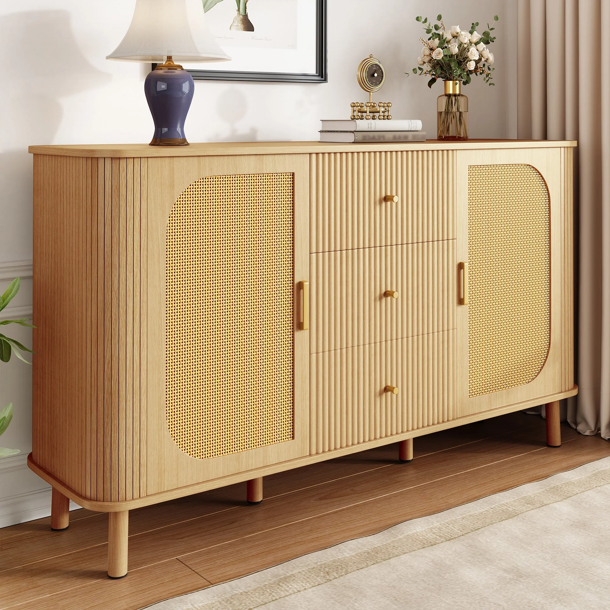Sideboard, Drawers Shelves Metal Legs, Wood Look - Image 6