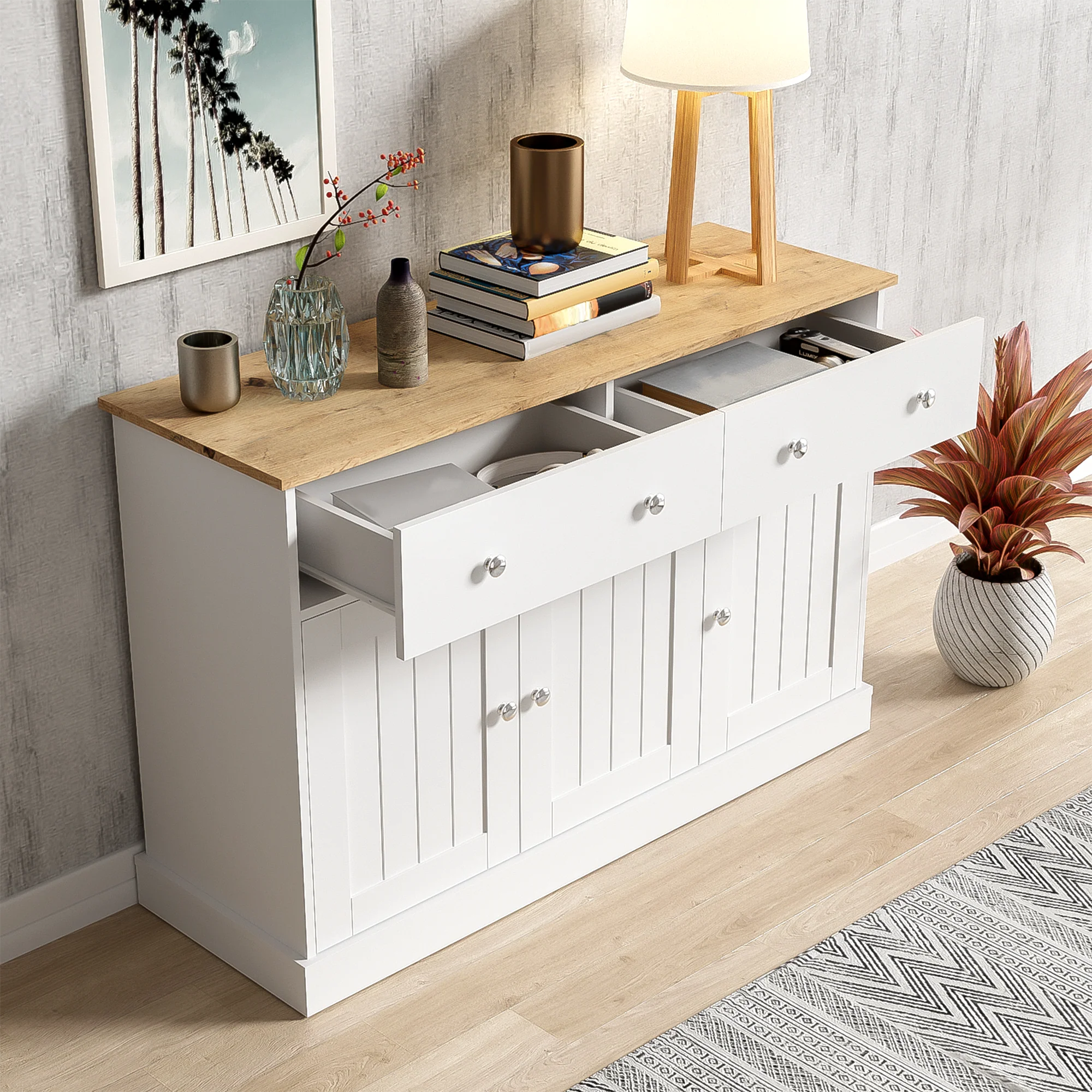 Sideboard, Engraved Texture Living Room Cabinet - Image 8