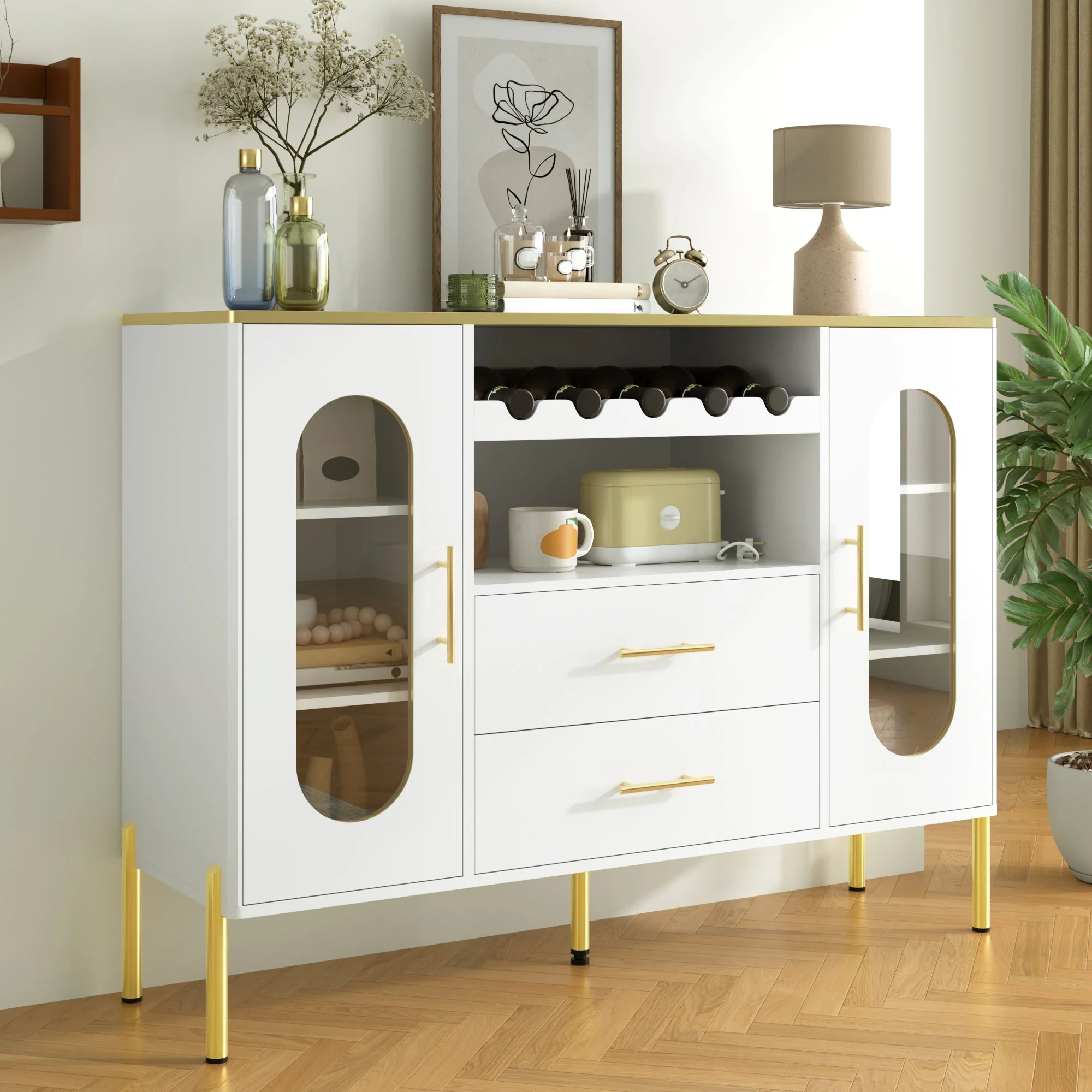Sideboard, Glass Fronts & Wine Rack, White - Image 10