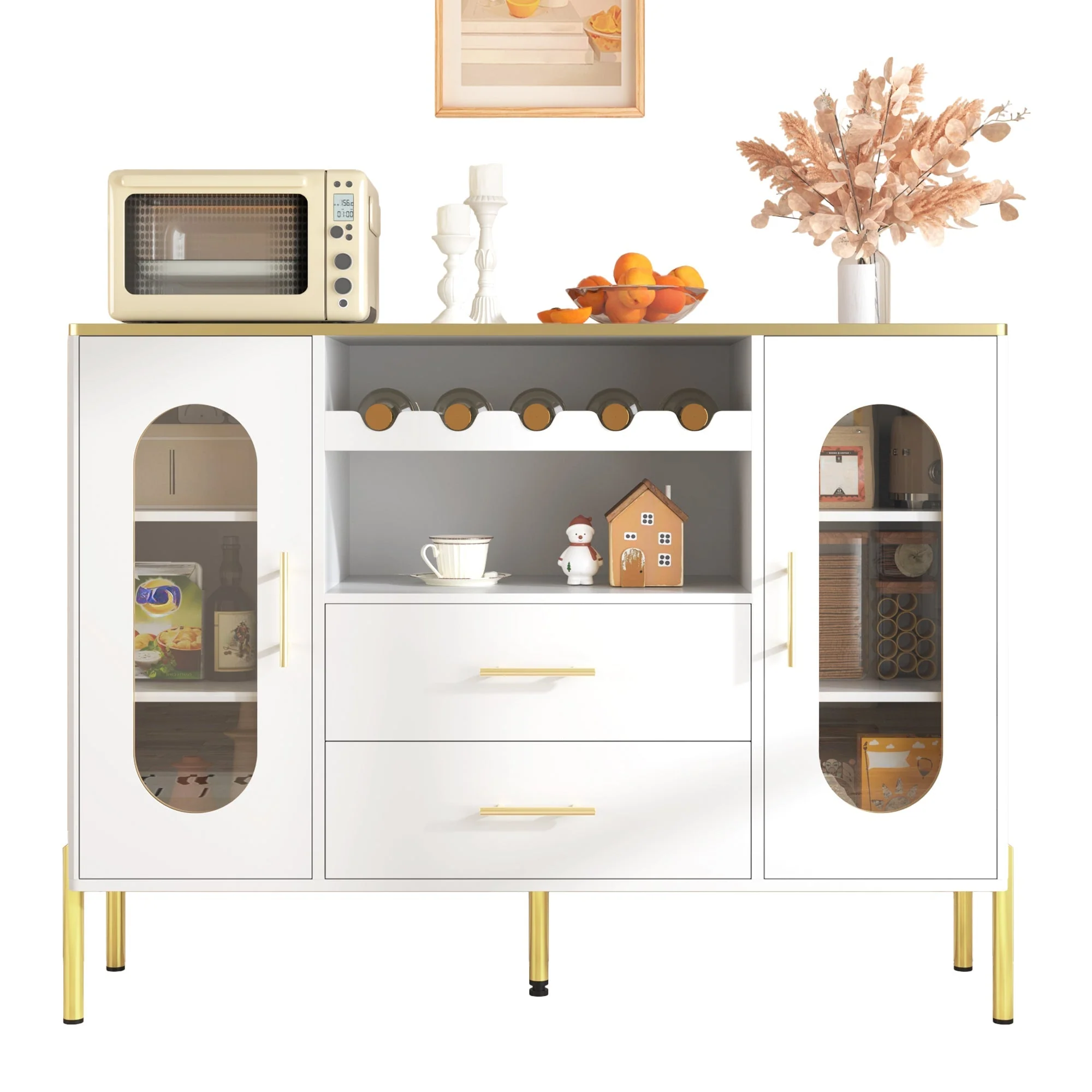 Sideboard, Glass Fronts & Wine Rack, White - Image 2