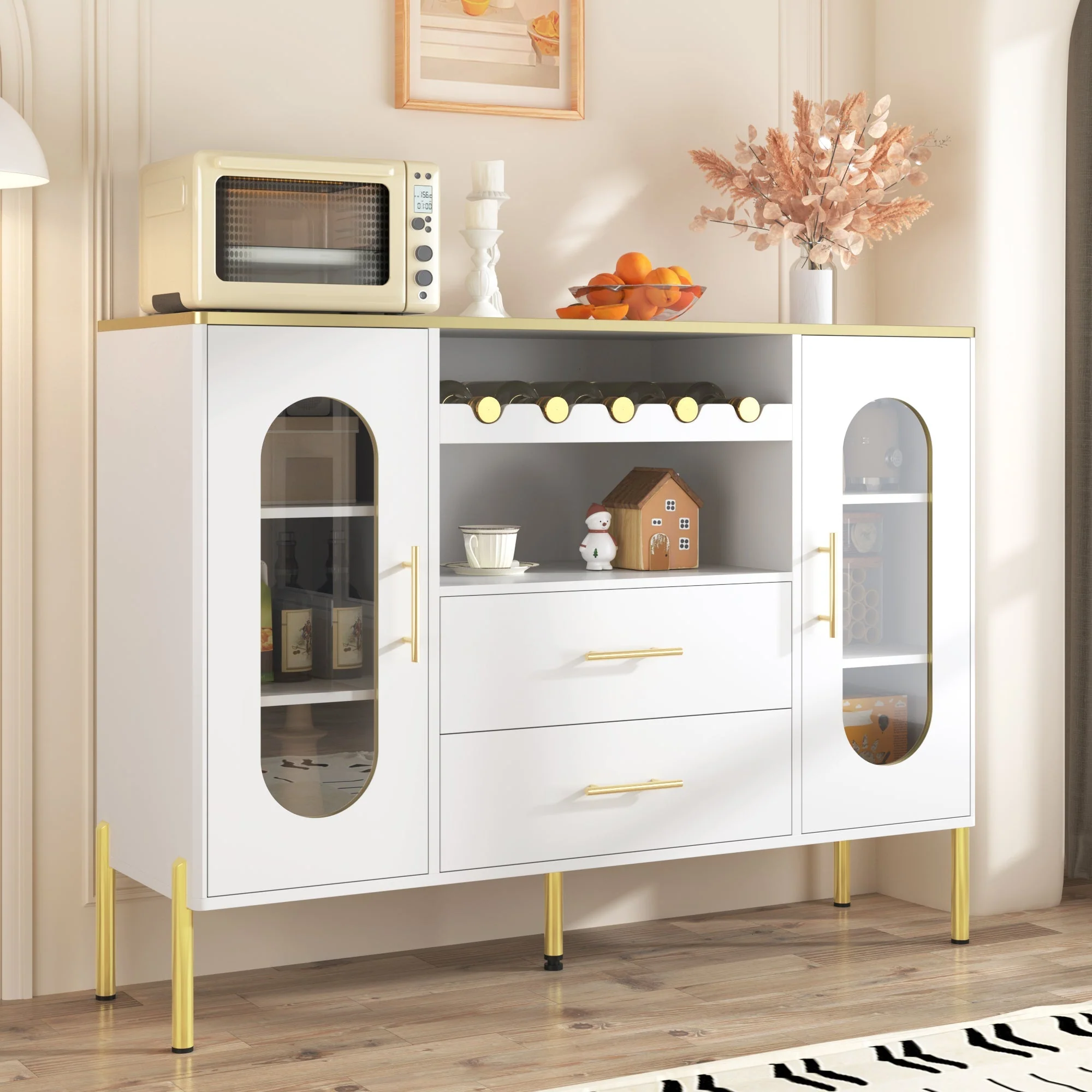 Sideboard, Glass Fronts & Wine Rack, White - Image 4
