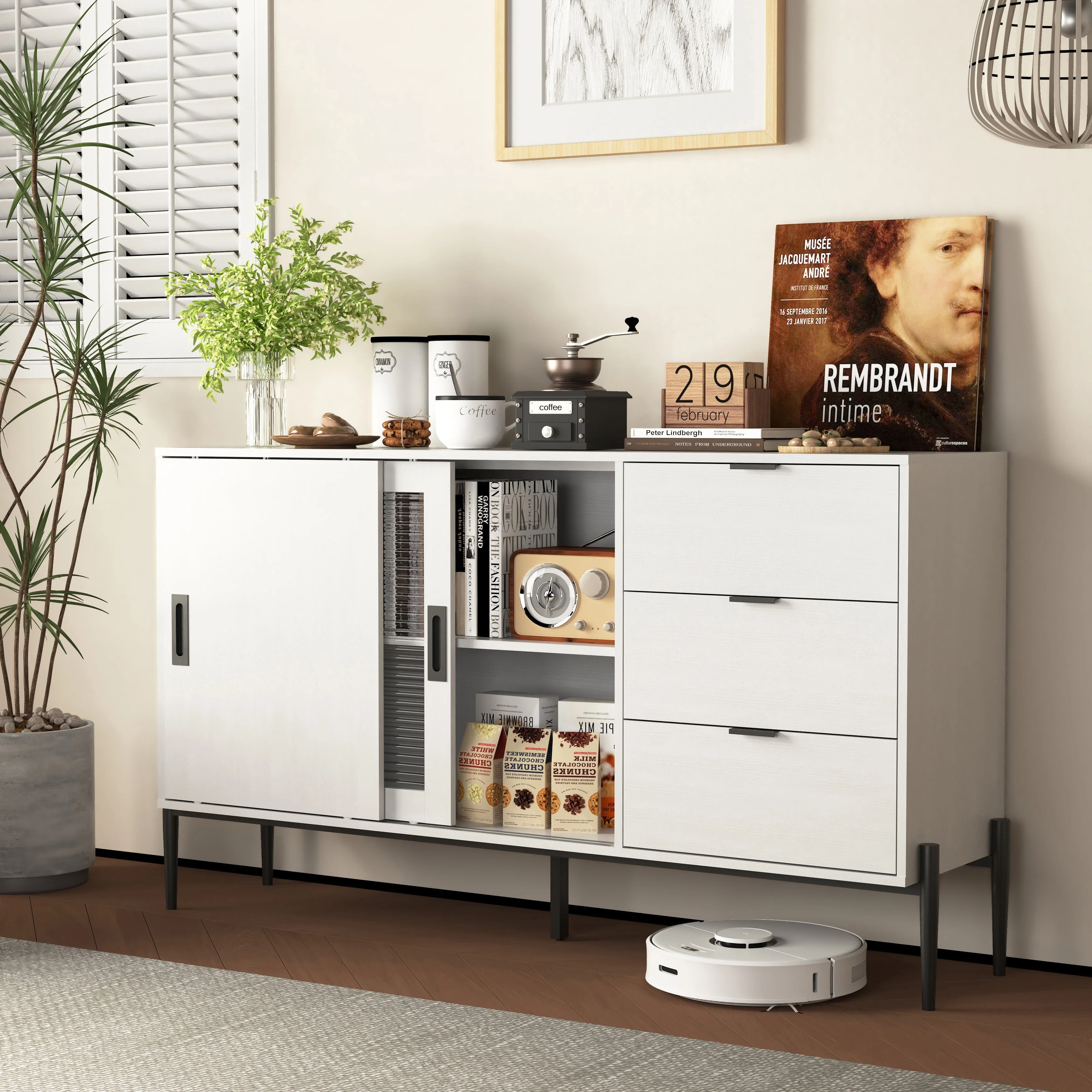 Sideboard Glass Sliding Door 3 Drawers Console Table - White - Image 6