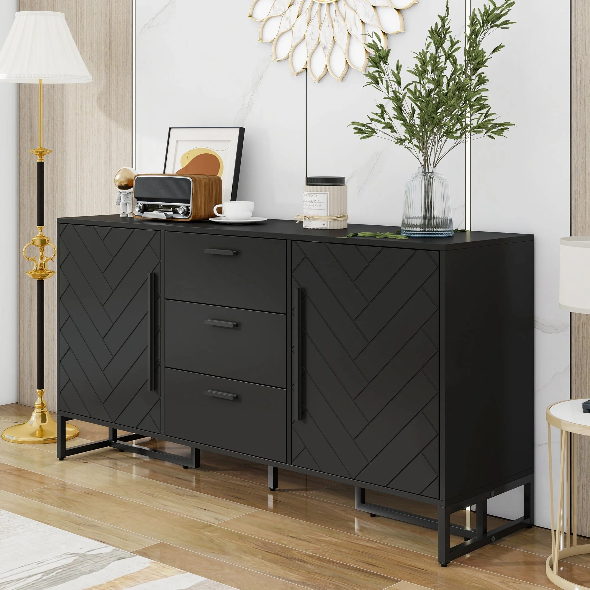 Sideboard Herringbone Pattern 2 Doors 3 Drawers Black