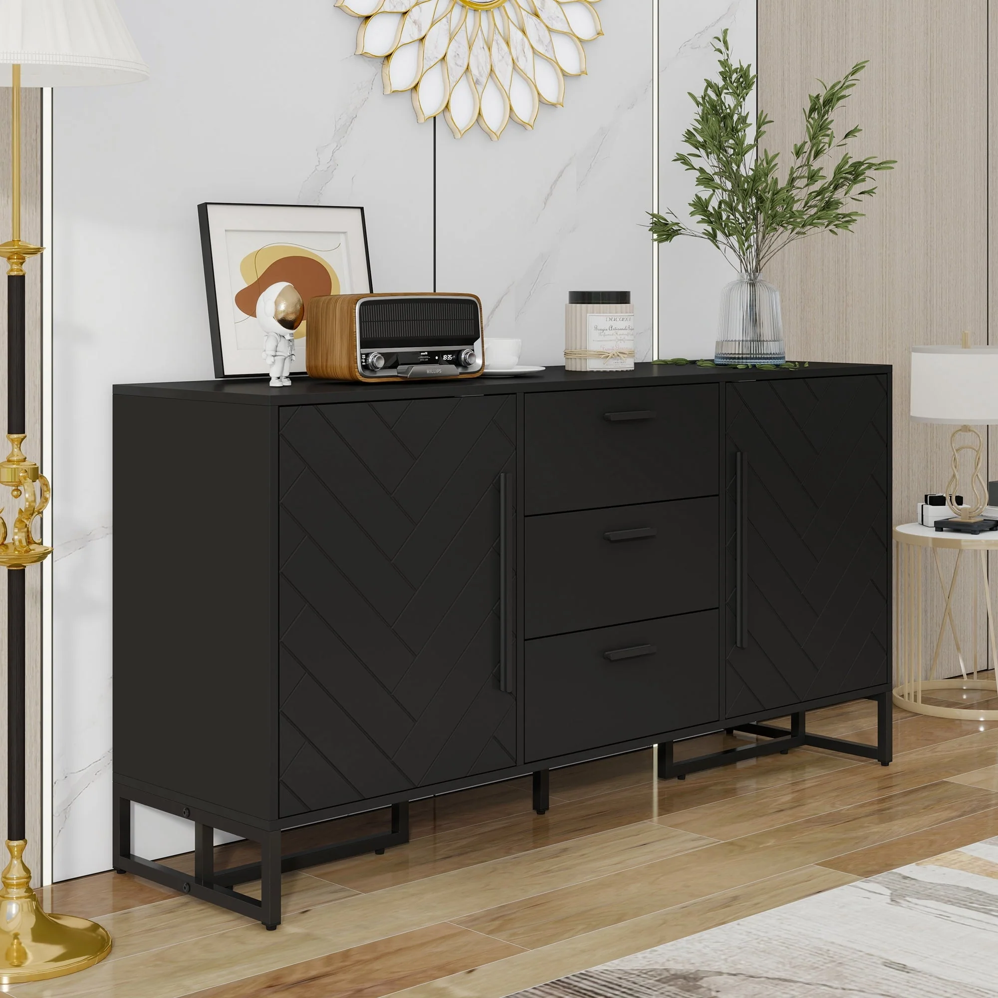 Sideboard Herringbone Pattern 2 Doors 3 Drawers Black - Image 2