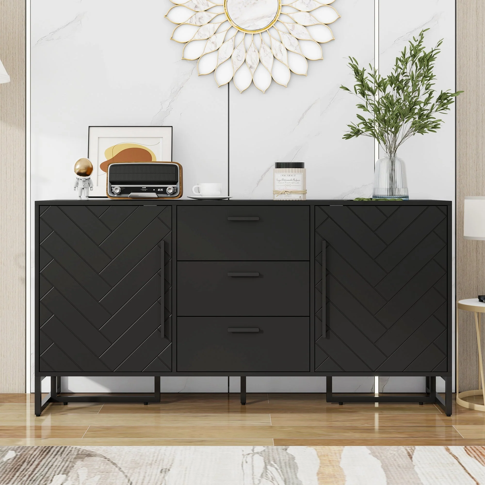 Sideboard Herringbone Pattern 2 Doors 3 Drawers Black - Image 3
