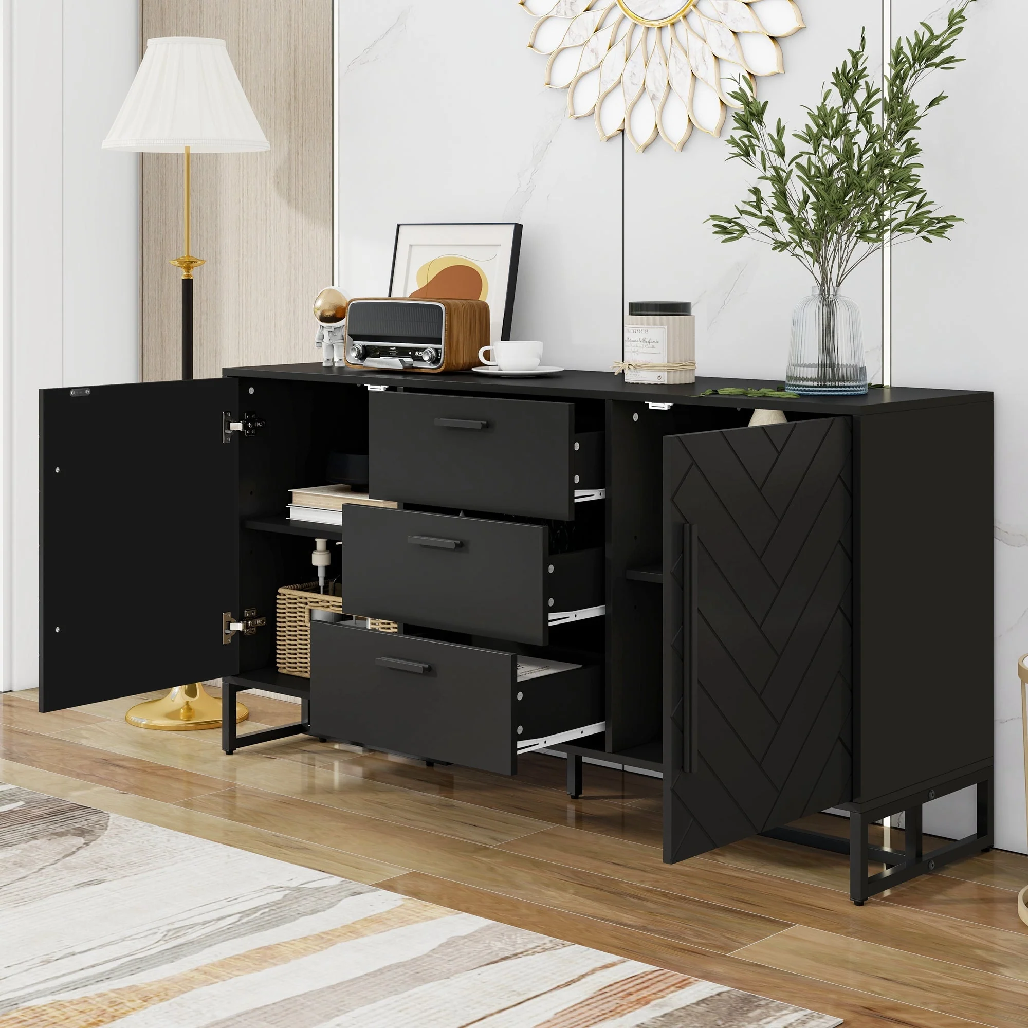 Sideboard Herringbone Pattern 2 Doors 3 Drawers Black - Image 4