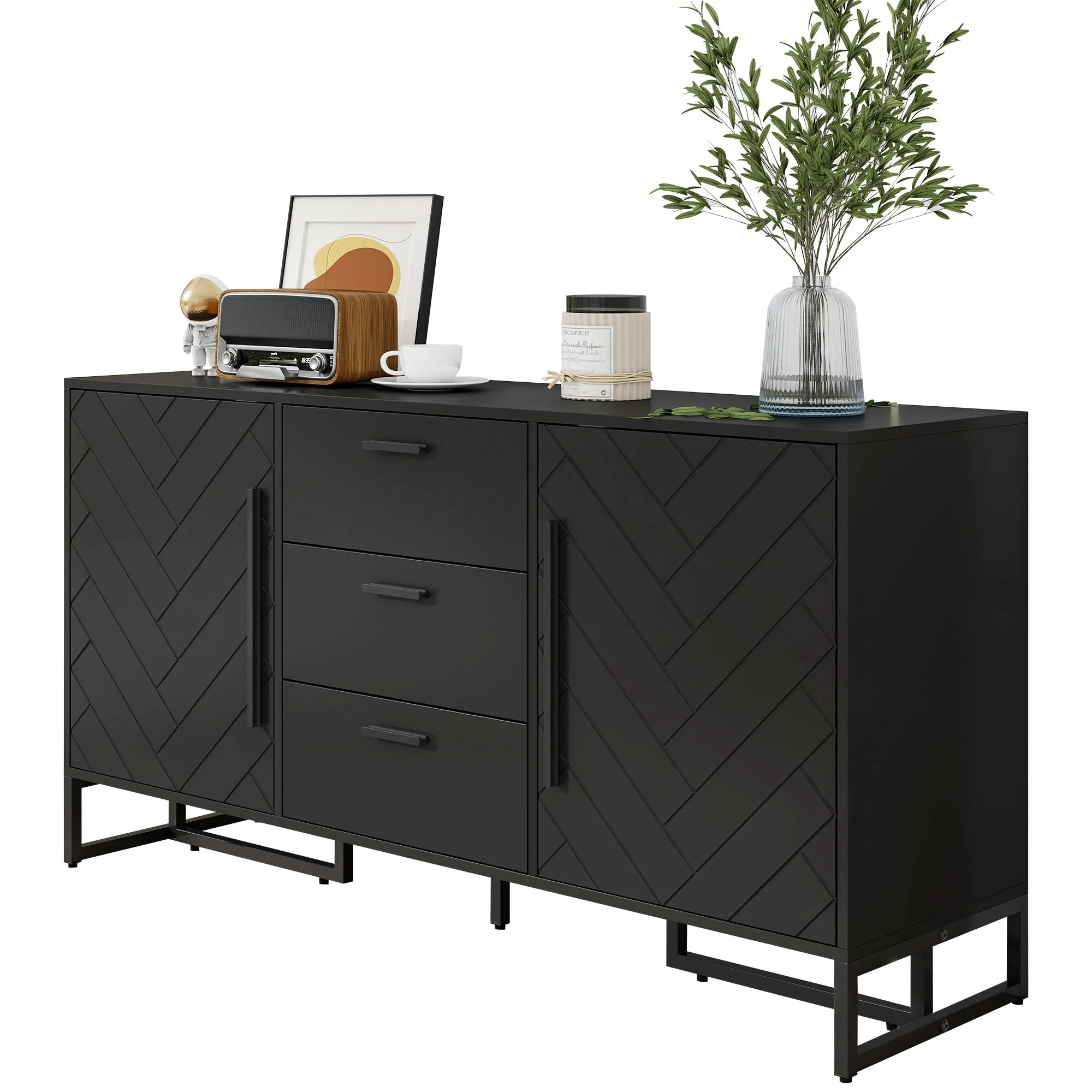 Sideboard Herringbone Pattern 2 Doors 3 Drawers Black - Image 5