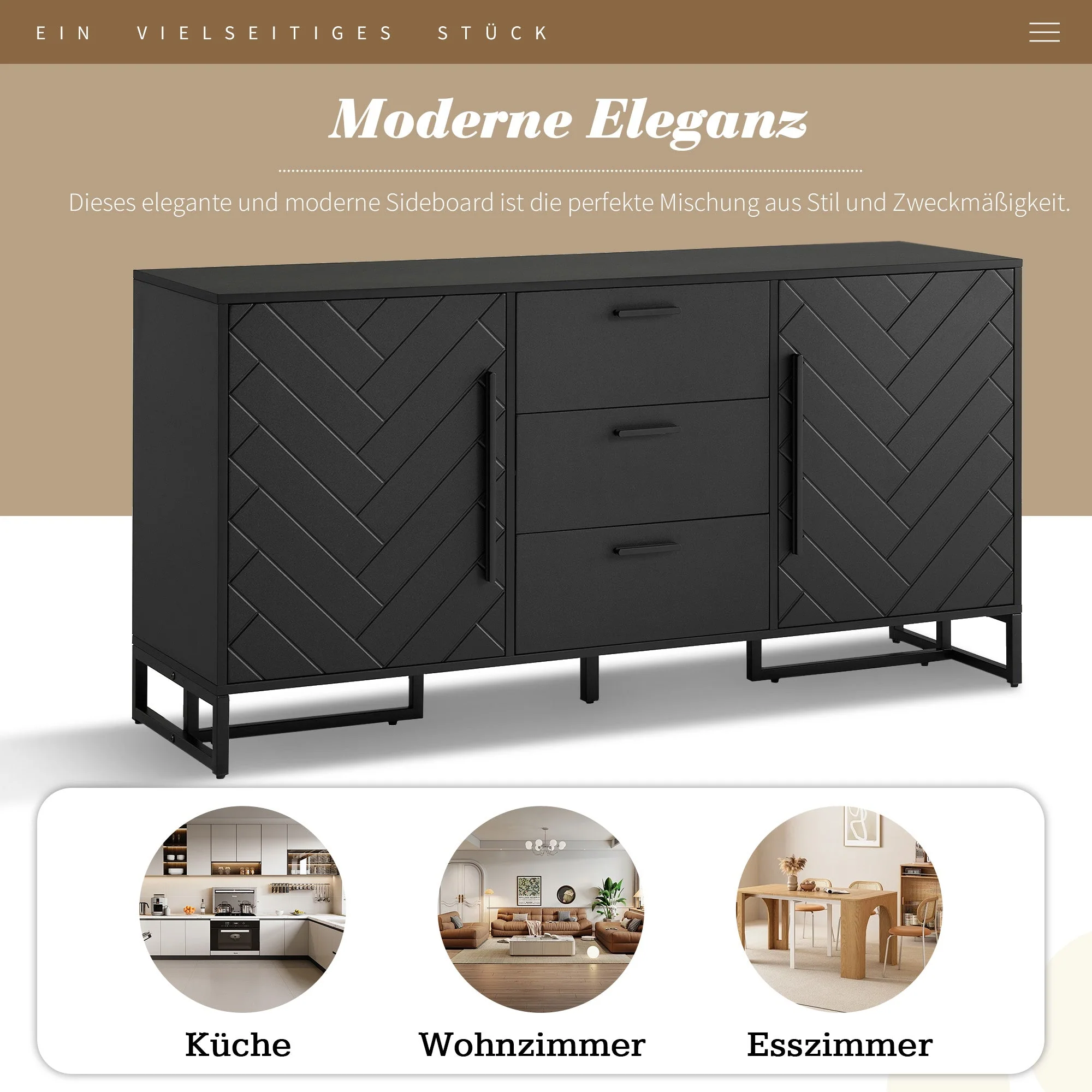 Sideboard Herringbone Pattern 2 Doors 3 Drawers Black - Image 7