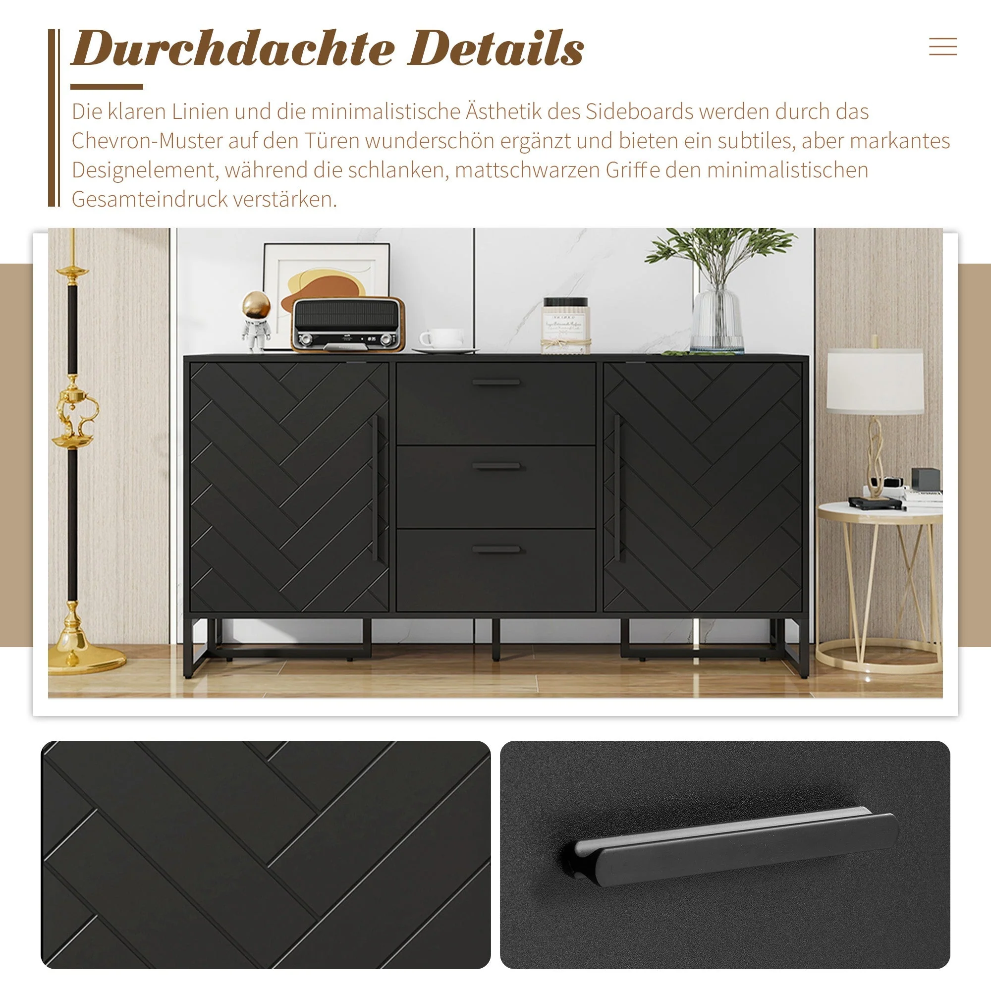 Sideboard Herringbone Pattern 2 Doors 3 Drawers Black - Image 8