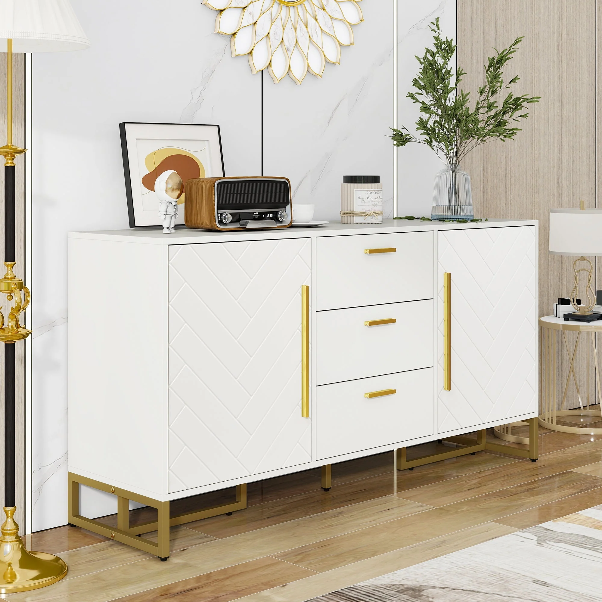 Sideboard Herringbone Pattern 2 Doors 3 Drawers - White - Image 2