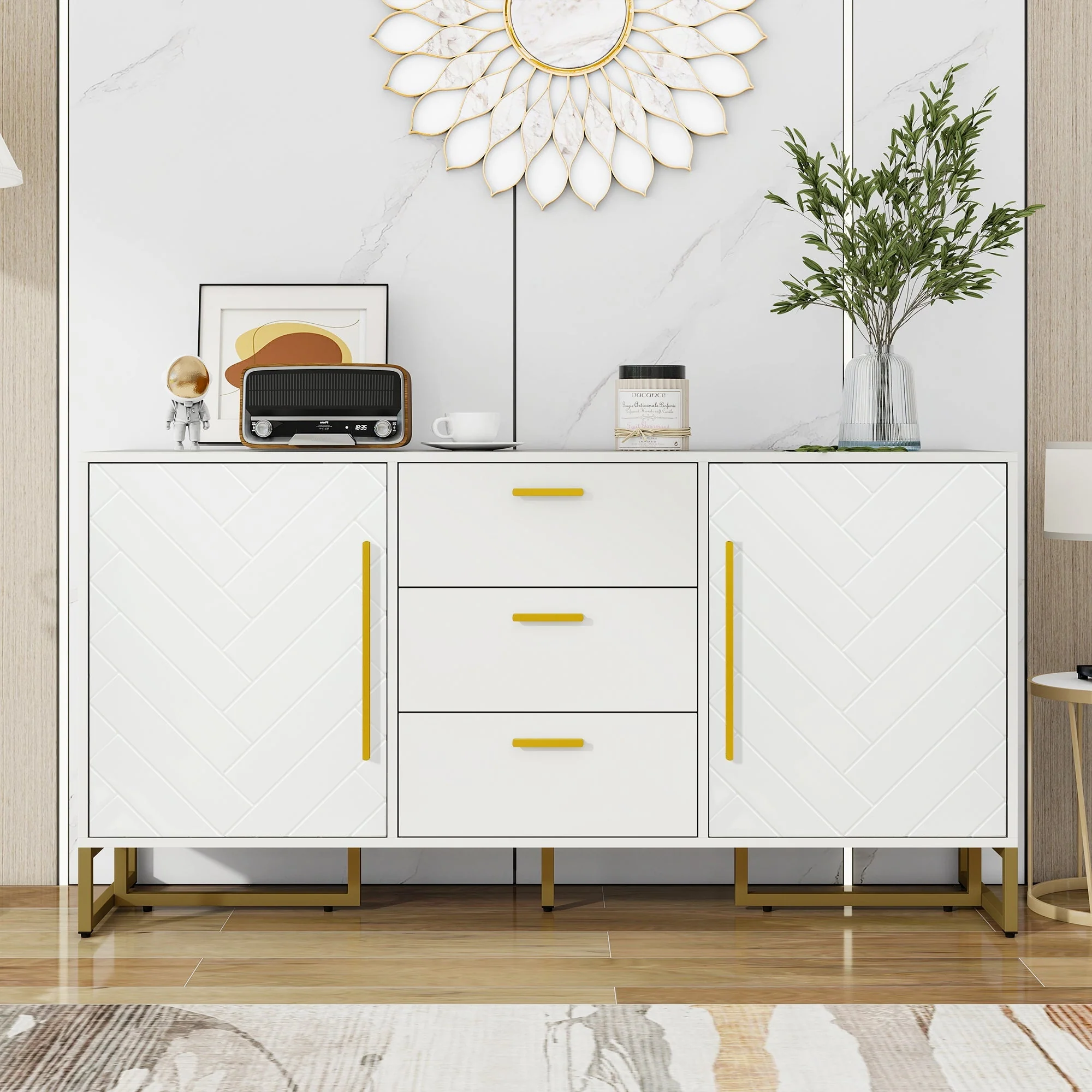 Sideboard Herringbone Pattern 2 Doors 3 Drawers - White - Image 3