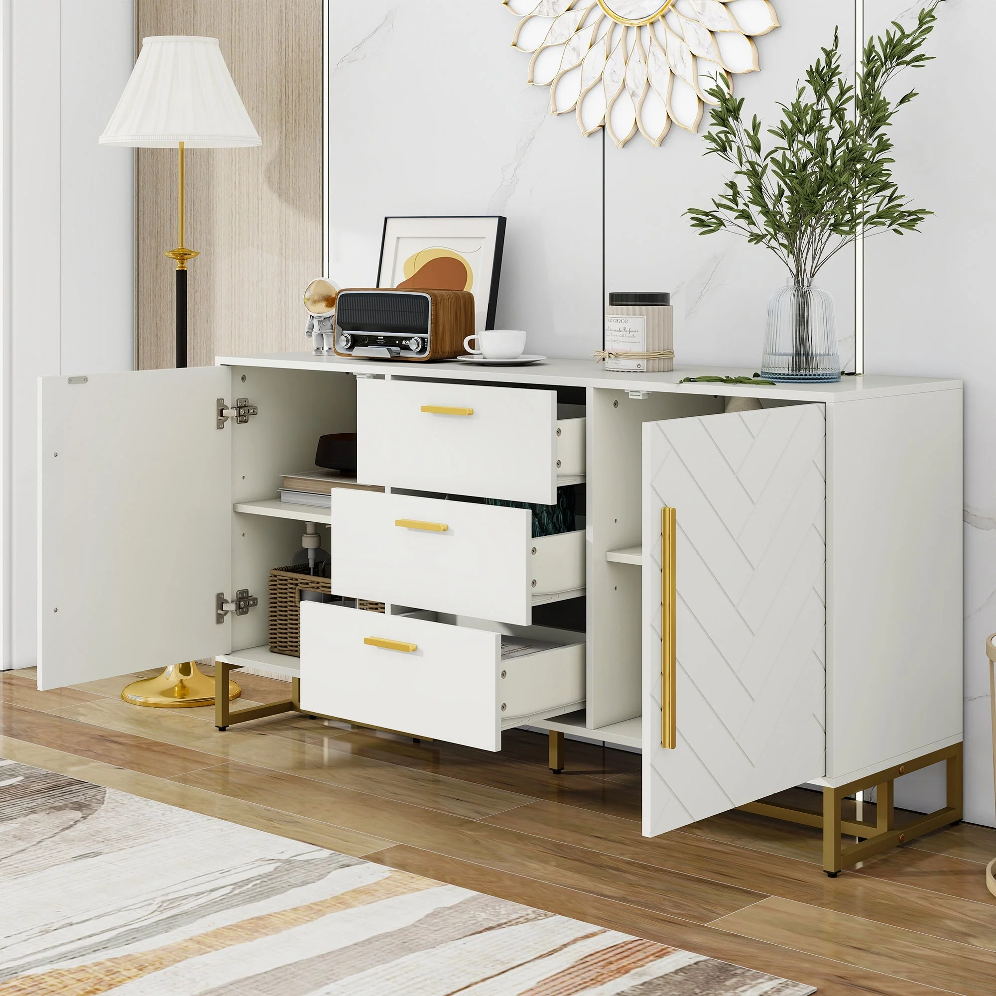 Sideboard Herringbone Pattern 2 Doors 3 Drawers - White - Image 4