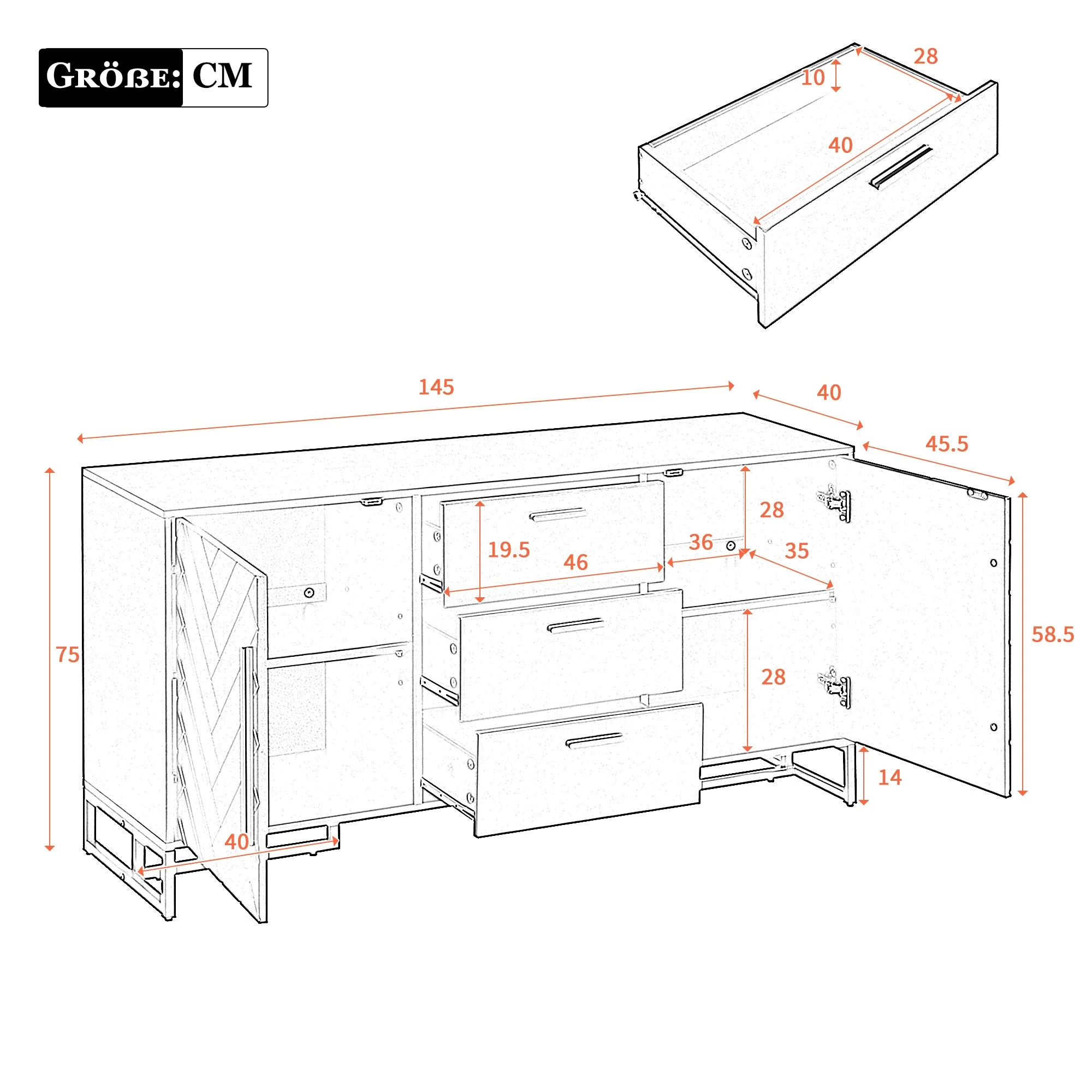 Sideboard Herringbone Pattern 2 Doors 3 Drawers - White - Image 5