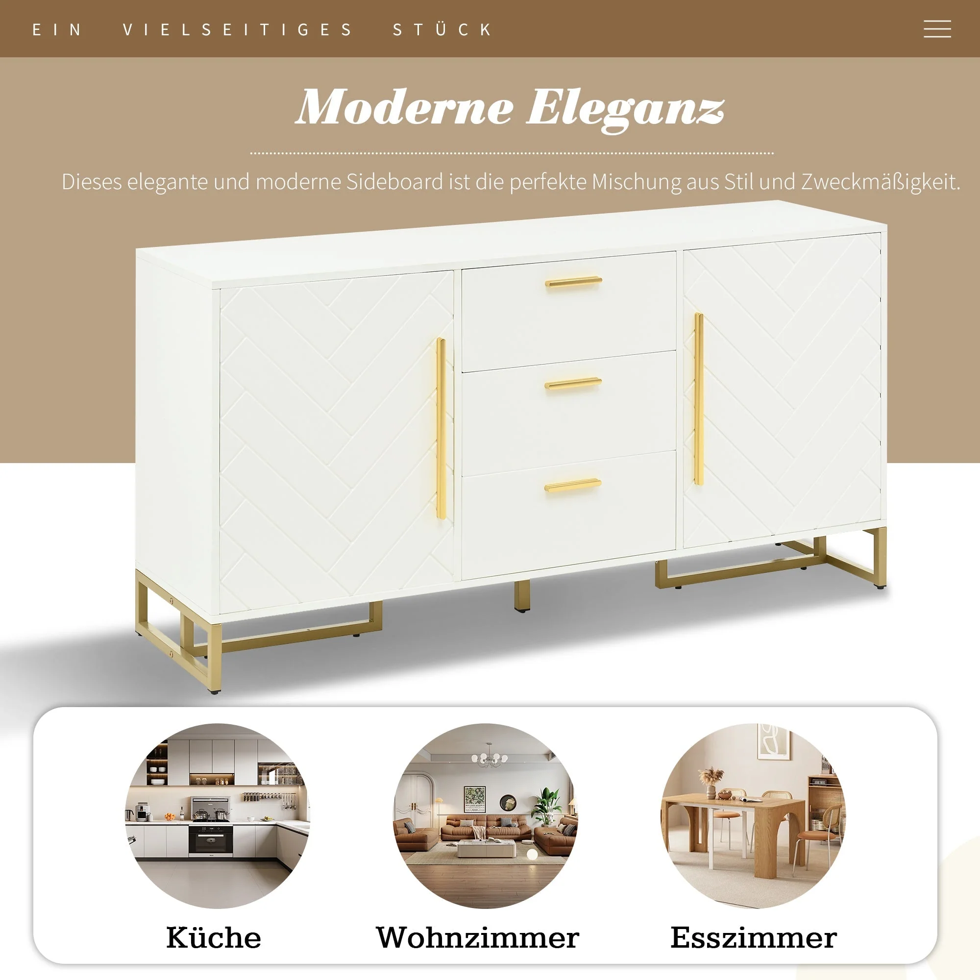 Sideboard Herringbone Pattern 2 Doors 3 Drawers - White - Image 6