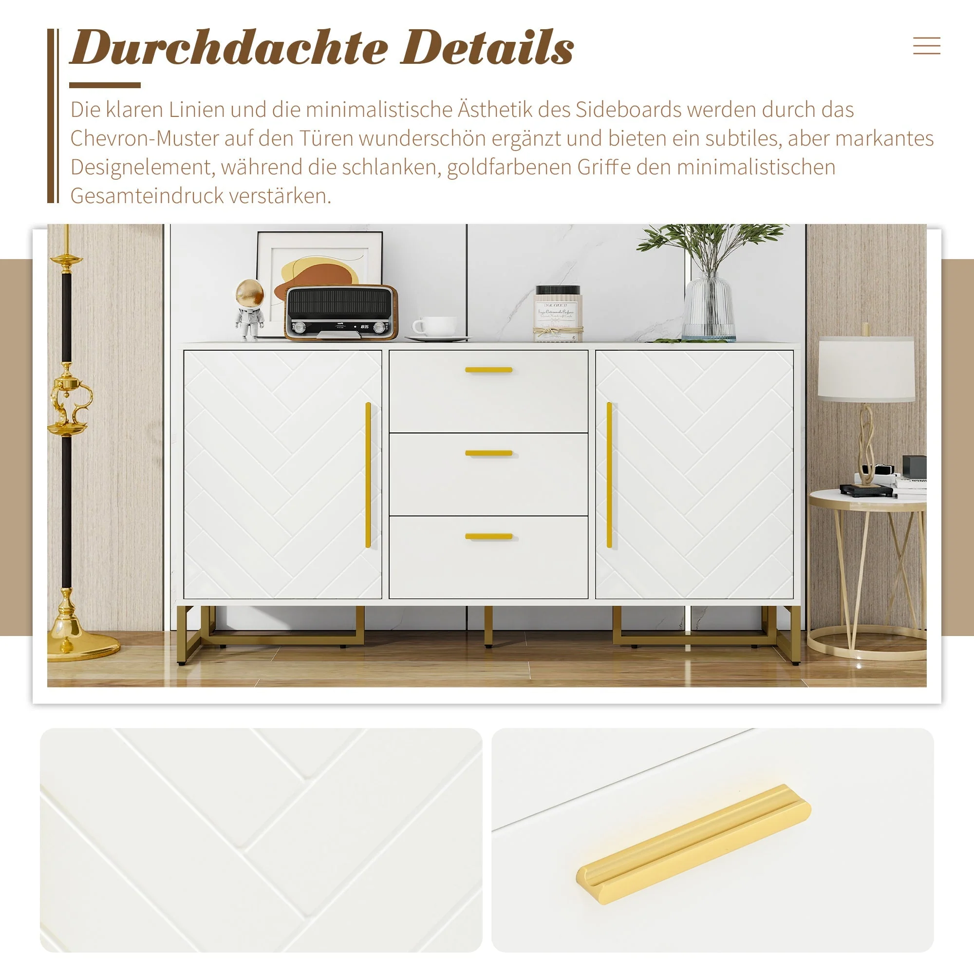 Sideboard Herringbone Pattern 2 Doors 3 Drawers - White - Image 7