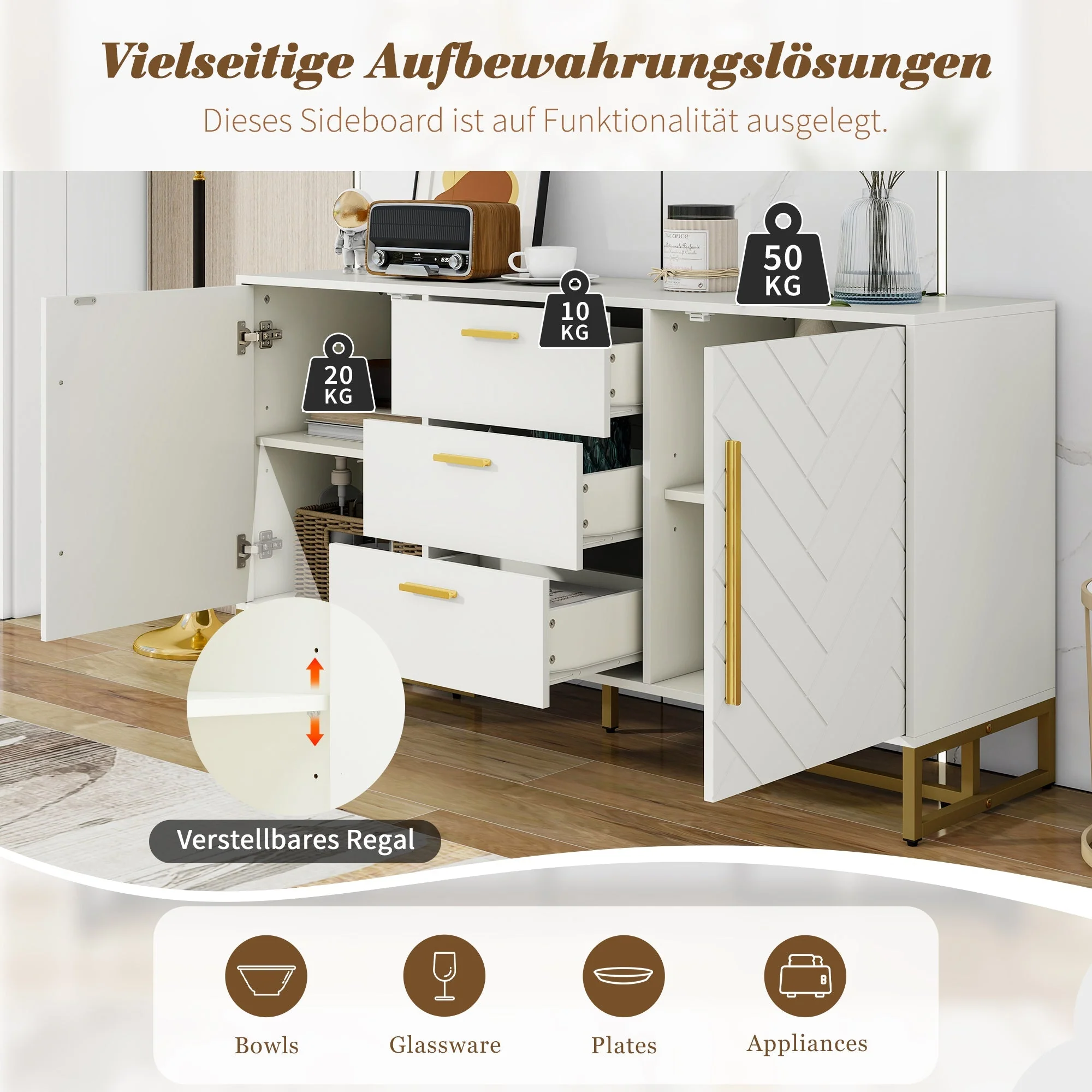 Sideboard Herringbone Pattern 2 Doors 3 Drawers - White - Image 8
