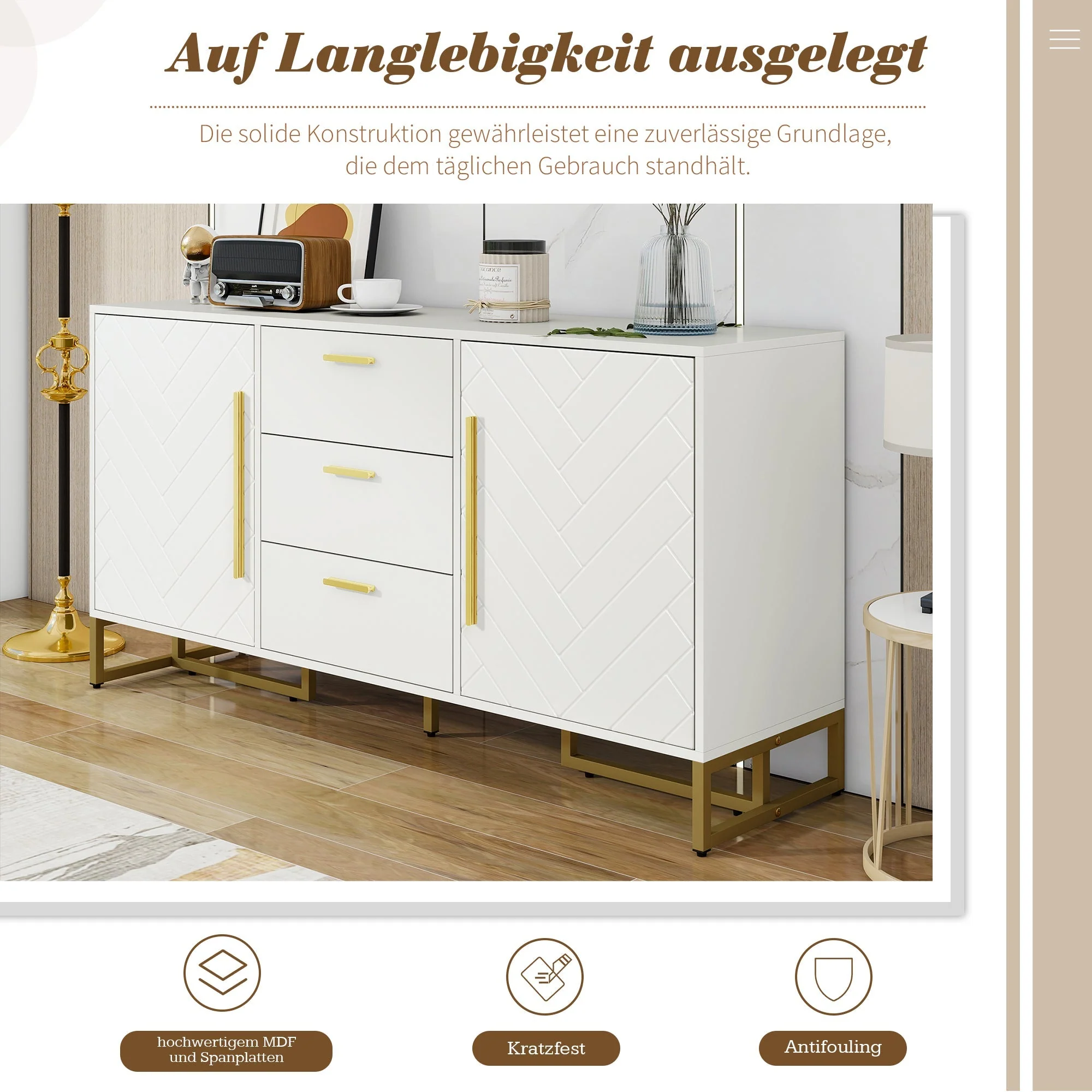 Sideboard Herringbone Pattern 2 Doors 3 Drawers - White - Image 9