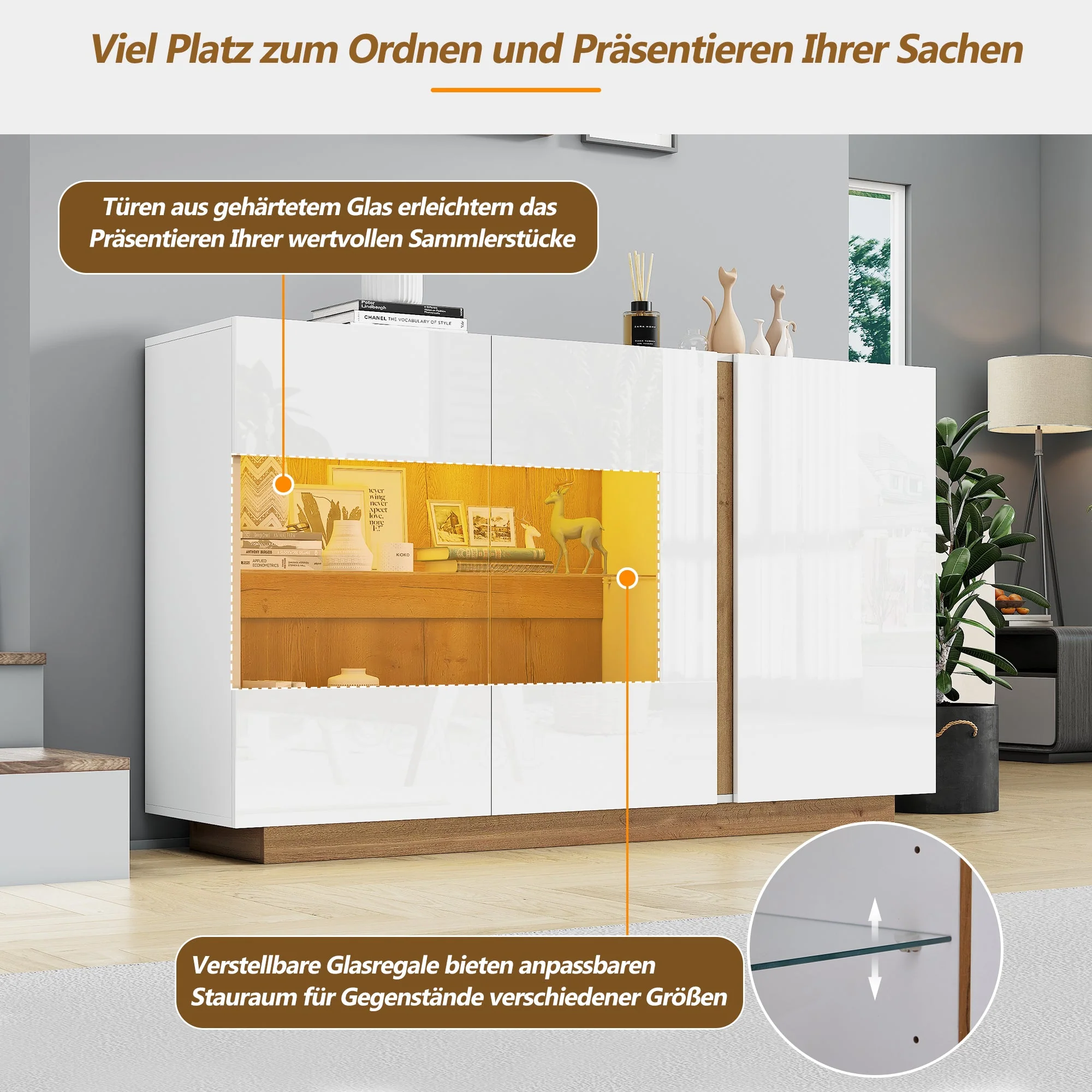 Sideboard High Gloss Chest of Drawers, White Chipboard with Glass - Image 8