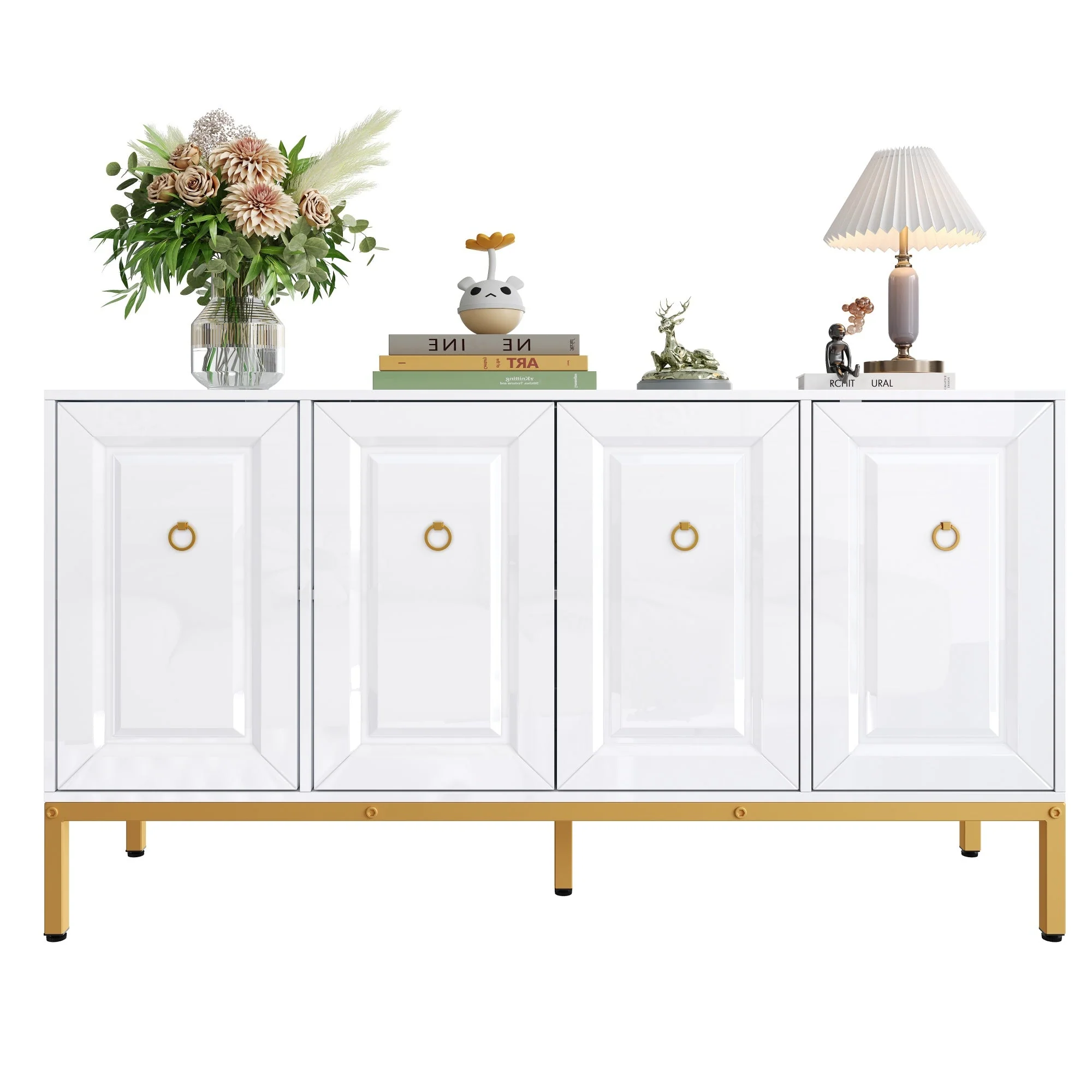 Sideboard, High-Gloss Storage Unit with Shelves, Gold Handles and Legs, White - Image 2