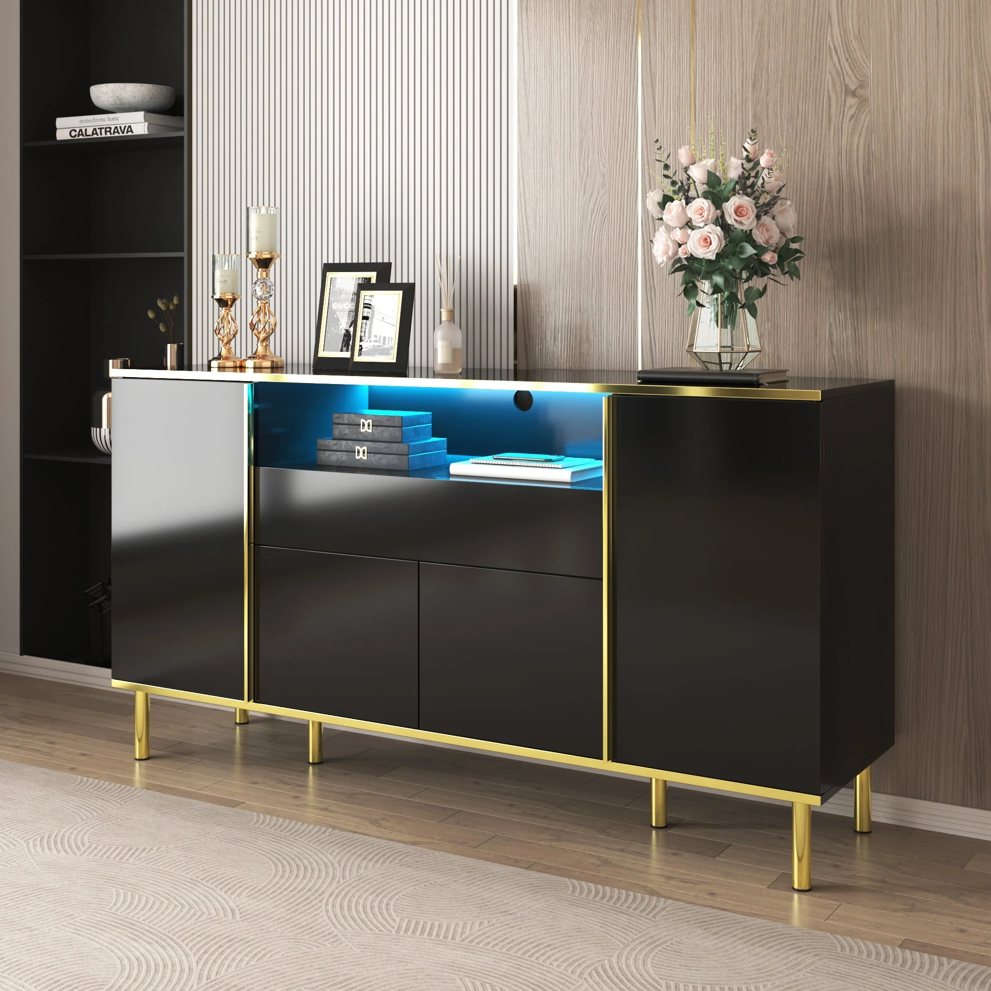Sideboard, High-Gloss with 1 Drawer, Black - Image 2