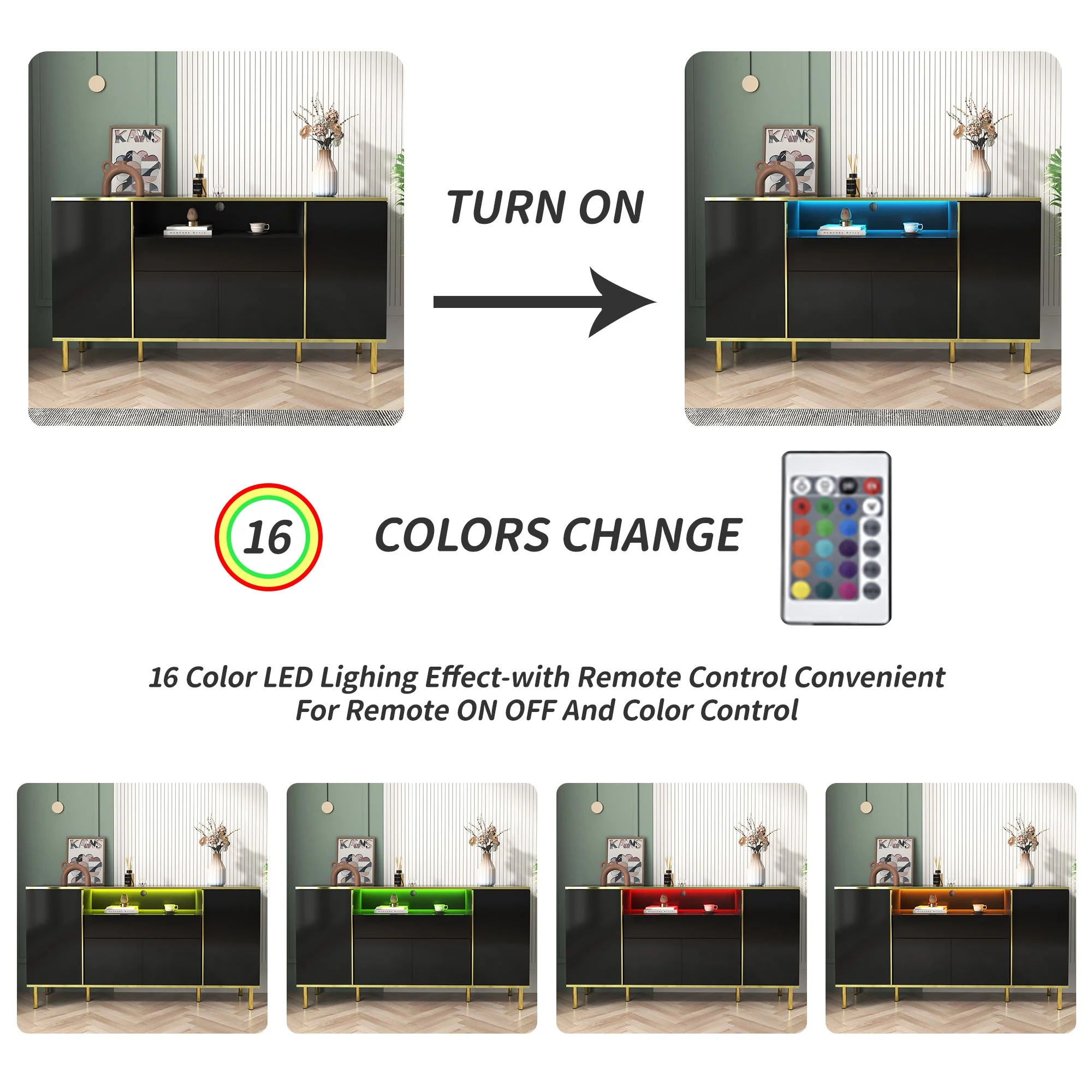 Sideboard, High-Gloss with 1 Drawer, Black - Image 8