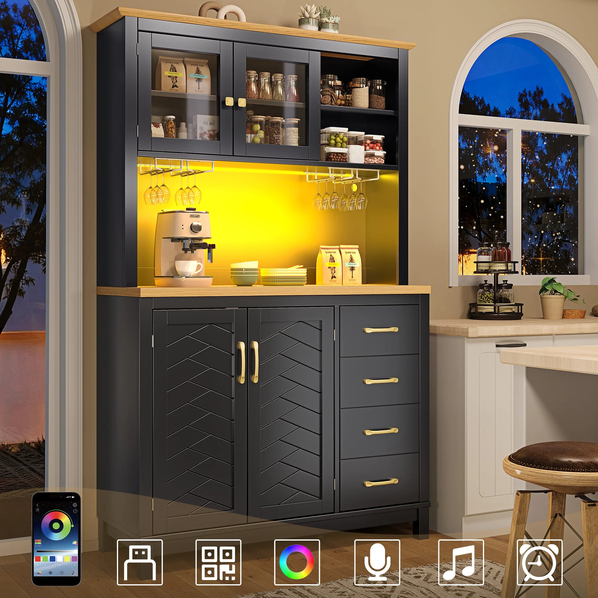 Sideboard Kitchen Buffet Cabinet with LED Lights and Drink Holders, Green, Black and White