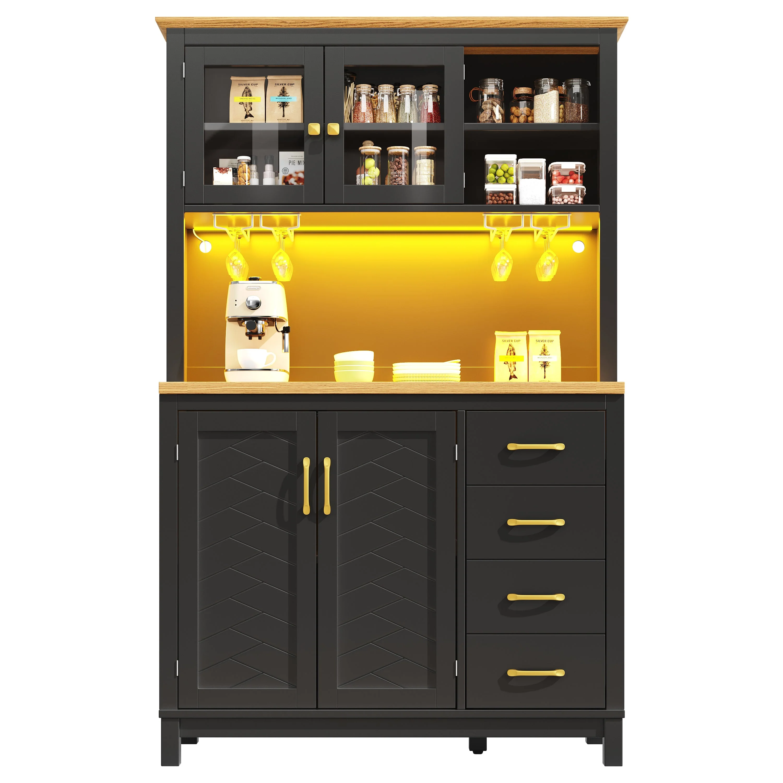 Sideboard Kitchen Buffet Cabinet with LED Lights and Drink Holders, Green, Black and White - Image 10