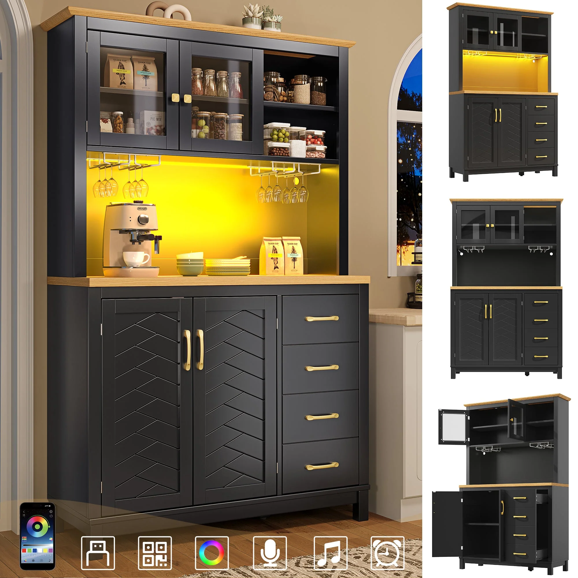 Sideboard Kitchen Buffet Cabinet with LED Lights and Drink Holders, Green, Black and White - Image 2