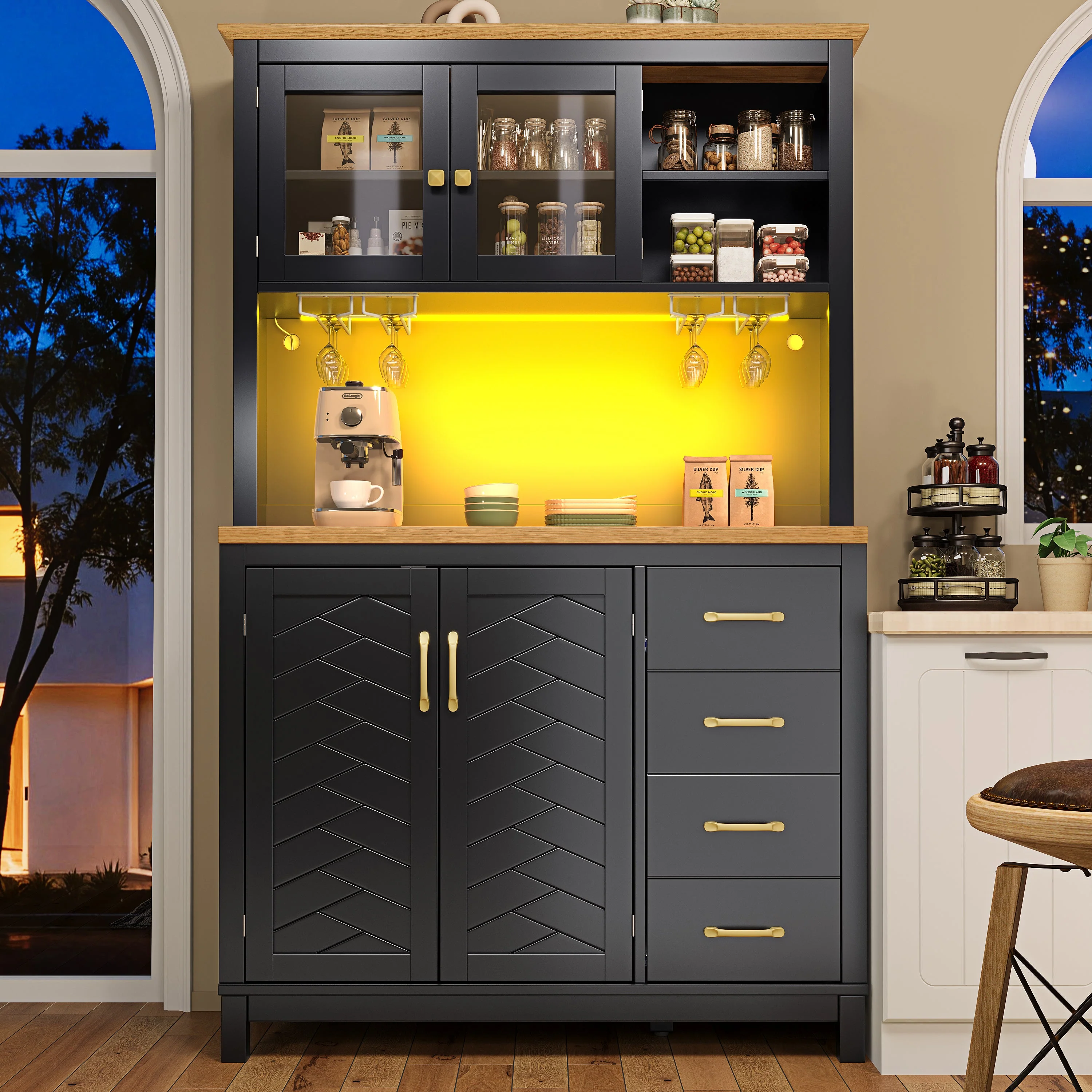 Sideboard Kitchen Buffet Cabinet with LED Lights and Drink Holders, Green, Black and White - Image 3